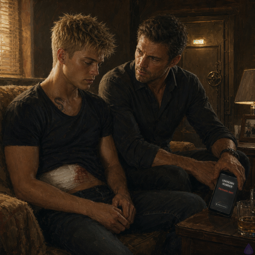 A tense, intimate safe house interior at night, dim amber lighting, a secure inner room with thick walls, a locked door, muted monitors, and clean modern furniture. Blake Rhodes, a young adult with blond messy hair, blue-grey eyes, fair skin, athletic build, and a small dragon tattoo visible near the collarbone, sits exhausted on a couch in borrowed clothes with a bandaged side, looking shaken and vulnerable. Elias, an older driver with steady hands and a protective demeanor, sits close beside him, body angled toward Blake, expression serious and compassionate. The mood is emotionally charged and fragile, with Blake confessing his fear about having no future and Elias listening with focused concern. No explicit nudity. Cinematic, realistic, moody shadows, soft warm highlights, emotional closeness, palpable safety under threat.