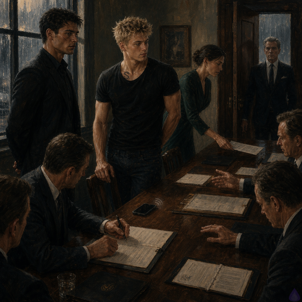Cinematic daylight interior of a modest river-road service house transformed into an improvised legal war room. Blake Rhodes stands at the head of a wooden table, blonde messy hair, blue-grey eyes, fair athletic build, wearing an oversized shirt with a tense but controlled expression, commanding the room with quiet authority. Elias stands close at Blake’s shoulder, dark-haired, scarred cheek, practical dark clothes, protective and steady. Verity sits or stands near a laptop and stacks of printed documents, serious and exhausted. Several suited board members and trustees sit across the table, pale and anxious, with paperwork spread before them. Rain streaks the windows, soft gray morning light, tense silence, papers, folders, and a phone vibrating on the table. Mood is intimate, high-stakes, restrained anger, power shifting into Blake’s control, realistic contemporary style, detailed faces and body language, no nudity.