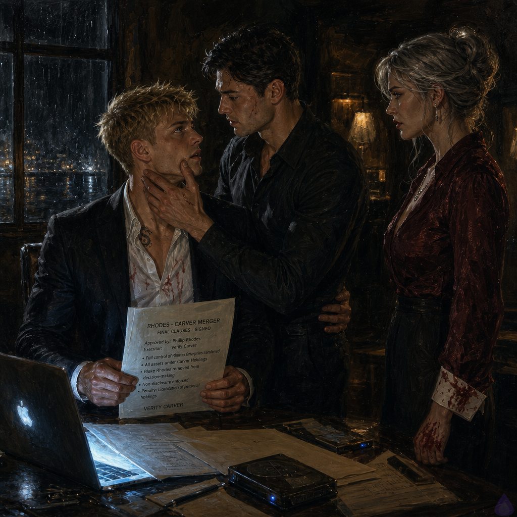 A tense intimate investigative scene inside a dim riverside service house at night, rain streaking the windows, blue laptop light illuminating Blake Rhodes’s face as he sits at a cluttered table reading a folder of final names. Blake is a young adult man with short messy blond hair, blue-grey eyes, fair athletic build, designer clothes slightly rumpled, his expression shocked and wounded. Elias stands close behind and beside him, dark-haired with a scarred cheek, protective and steady, one hand at Blake’s waist and the other near the open folder. Verity Vale stands across the table in a composed but exhausted posture, silver hair pinned back, a bloodstain on her cuff, watching them with grim resolve. Papers, hard drives, and folders are spread across the table. The mood is intimate, tense, and revelatory, with strong contrast between cold laptop glow and warm shadows, a sense of betrayal, love, and dangerous truth hanging in the air.