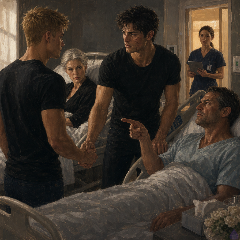 A tense hospital recovery room in soft white light, with Elias standing beside his father’s bed and Blake Rhodes standing near the foot of the bed, both tense but composed. Elias is a dark-haired man with a scarred cheek, wearing a dark coat over casual clothes, his hand near Blake’s, protective and restrained. Blake is a young adult blonde man with messy short spiky hair, blue-grey eyes, fair skin, athletic build, wearing a dark tailored coat and dress shirt, looking calm but wounded. Elias’s mother sits upright in the hospital bed, silver hair, sharp expression, furious and disapproving, while Elias’s father lies in another bed, stern and offended. The room is bright, sterile, and elegant, with monitors, white bedding, and a tense emotional atmosphere. Cinematic composition, emotional confrontation, intimate but nonsexual tension, realistic hospital details, dramatic body language.
