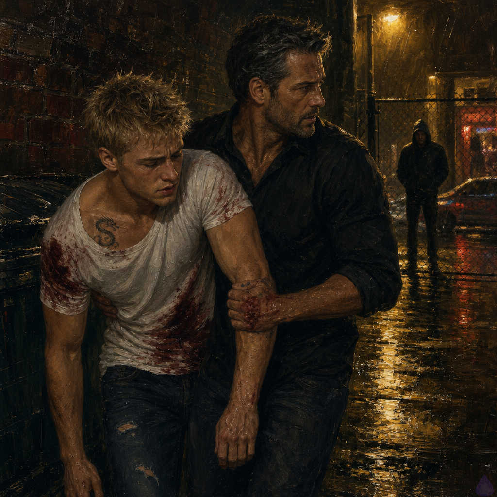 A rain-slick urban alley at night under harsh yellow streetlights, tense and cinematic. Blake Rhodes, a young adult blond man with short messy spiky hair, blue-grey eyes, fair skin, and an athletic build, is injured and leaning unsteadily as Elias kneels beside him, supporting him with one arm behind his back. Blake wears a rumpled designer shirt stained with blood, and his face is pale with pain and shock. Elias, a weathered former driver with a serious, protective expression, has one hand braced on Blake's forearm and looks alertly toward the far end of the alley. In the background, a hooded man stands partially hidden near a chain-link fence, watching them. The mood is intimate, protective, and dangerous, with wet pavement reflecting light, trash bins, brick walls, and a sense of imminent confrontation. Focus on body language, close physical support, emotional tension, and the unresolved threat in the alley.