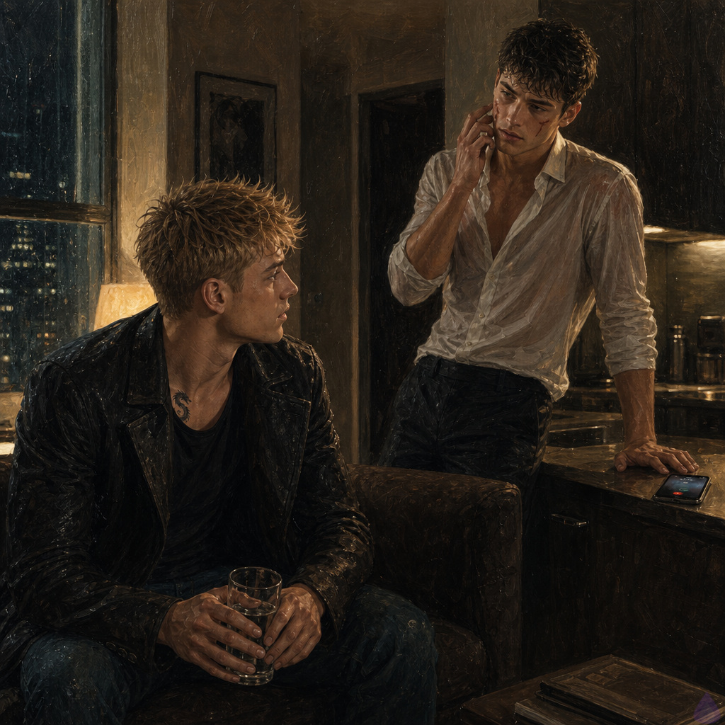 A tense but intimate apartment scene at night in a realistic romance drama. Blake Rhodes, a young adult blond man with messy short spiky hair, blue-grey eyes, fair skin, athletic build, and a small dragon tattoo at his collarbone, sits on a dark sofa in a rain-damp coat holding a glass of water. Elias stands by a kitchen counter in a small lived-in apartment, dark suit shirt loosened, damp hair, cheek scar visible, guarded but tender expression. Rain streaks the windows outside, warm lamplight and soft shadows fill the room, a phone glowing on the counter with Celeste calling. The mood is private, vulnerable, and emotionally charged, with subtle sexual tension and a sense of trust being built.
