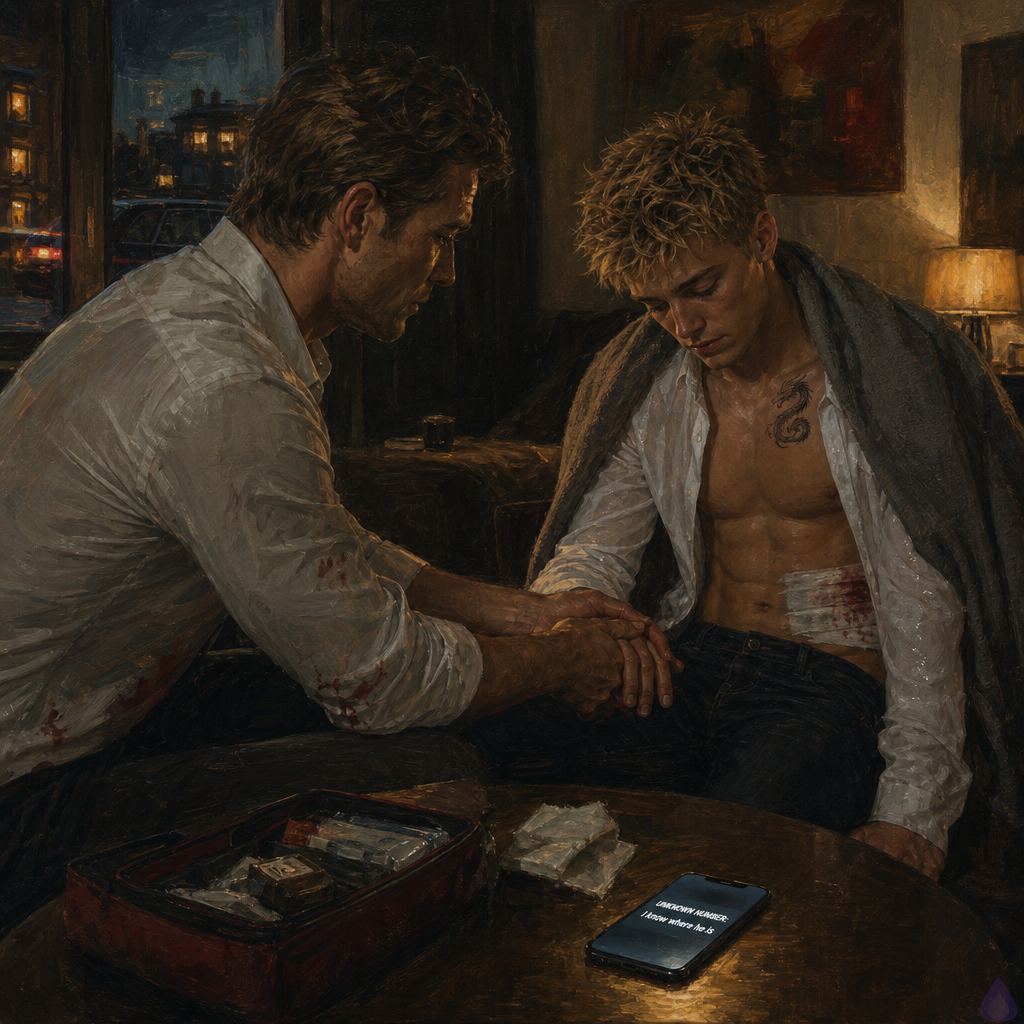 A tense, intimate apartment bathroom-to-living-room scene at night in a realistic urban setting. Blake Rhodes, a young adult blonde man with short messy spiky hair, blue-grey eyes, fair skin, athletic build, and a small dragon tattoo visible near his collarbone, sits wrapped in a towel and clean shirt, exhausted and vulnerable, with a freshly bandaged side wound and damp hair from a shower. Elias, an older steady driver with a calm protective presence, crouches close beside him at a small table with a first-aid kit open, gently holding Blake’s hand while checking his injury. The room is dim and warm with soft lamp light, muted city darkness beyond the windows, and a quiet sense of refuge mixed with dread. On the coffee table, a phone glows with a threatening unknown text message. Mood: emotional, protective, fragile safety, rising danger, romantic tension. Body language: Elias careful and steady, Blake shaken but beginning to trust. No nudity, no explicit sex, no graphic gore.