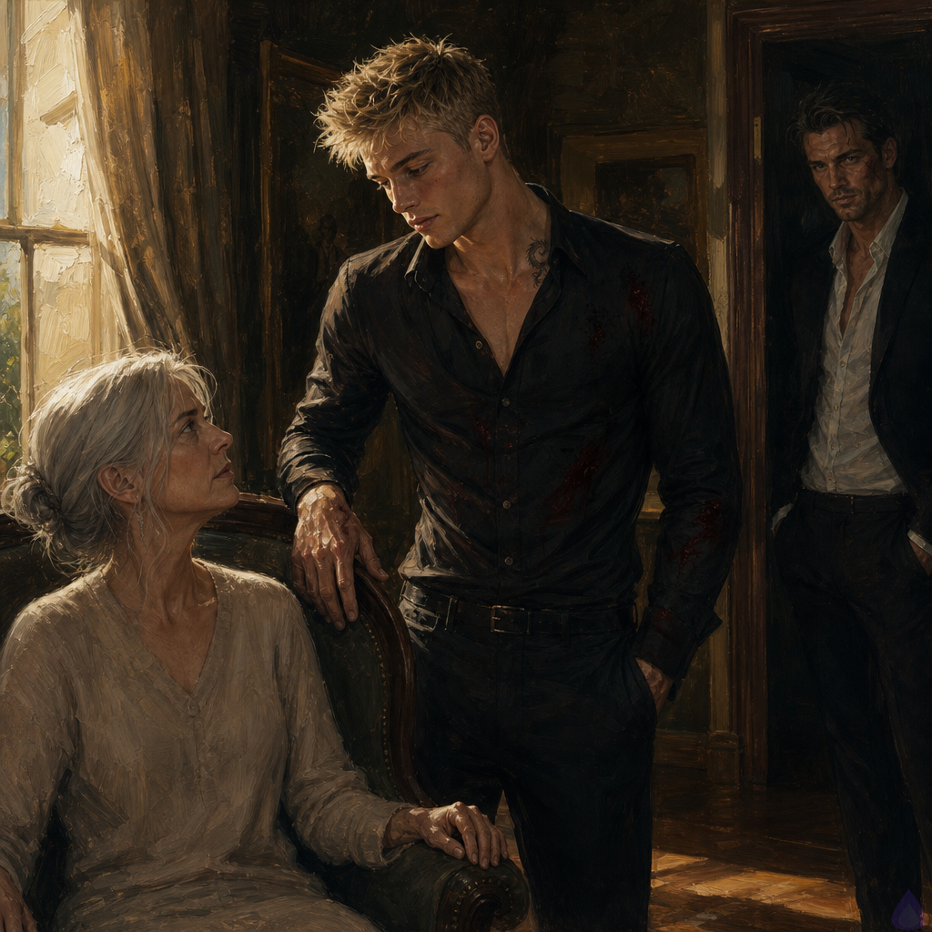 A tense emotional reunion in an elegant old family estate sitting room, late afternoon sunlight through tall windows. Blake Rhodes, a young adult blonde man with messy short spiky hair, blue-grey eyes, fair skin, athletic build, and a small dragon tattoo at his collarbone, stands near a chair in a tailored dark shirt and trousers, looking shaken but composed. Celeste Rhodes, silver-haired and frail but alert, sits in a chair by the window in a soft sweater, watching him with worried intensity. Elias stands just behind Blake in the doorway, older, protective, with a healed-injured cheek and watchful posture. The room is rich but subdued, with warm wood, pale curtains, and a sense of relief mixed with unresolved pain. Late golden sunlight, soft shadows, emotional atmosphere, strained family tension, intimate quiet, cinematic realism.