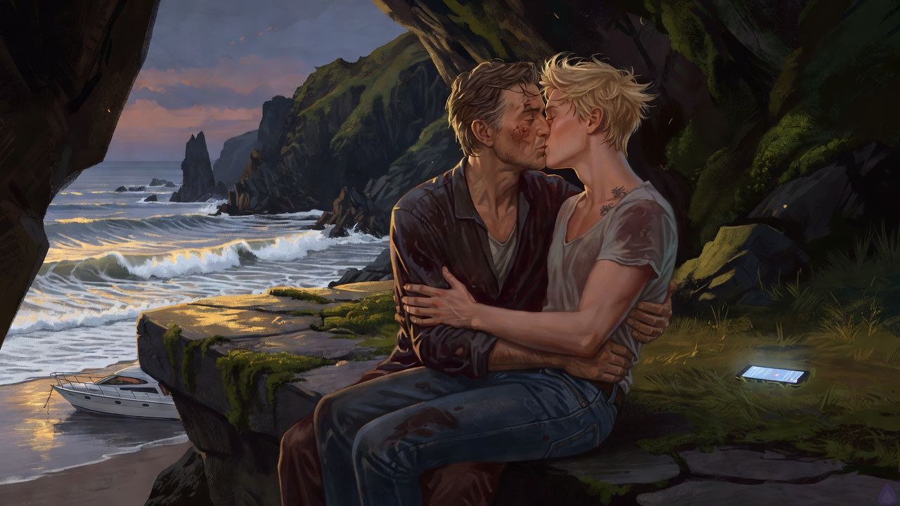 Romantic twilight on a secluded rocky beach beside a white yacht anchored offshore, Blake Rhodes and Elias sitting close together on a warm stone ledge above the surf, wet hair and salt-kissed skin after swimming, Elias with dark damp hair and a guarded but tender expression, Blake with blond messy hair and blue-grey eyes, both in damp clothes, bodies turned toward each other in an intimate embrace after passion, one hand at Blake's waist, the other resting near his cheek, their lips close in a private kiss, ocean shimmering silver-blue below, cliffs behind them, soft dusk light, wind moving through their hair, a glowing phone lying ignored on the ground nearby, mood tender, secretive, sensual, and emotionally intense, cinematic realism