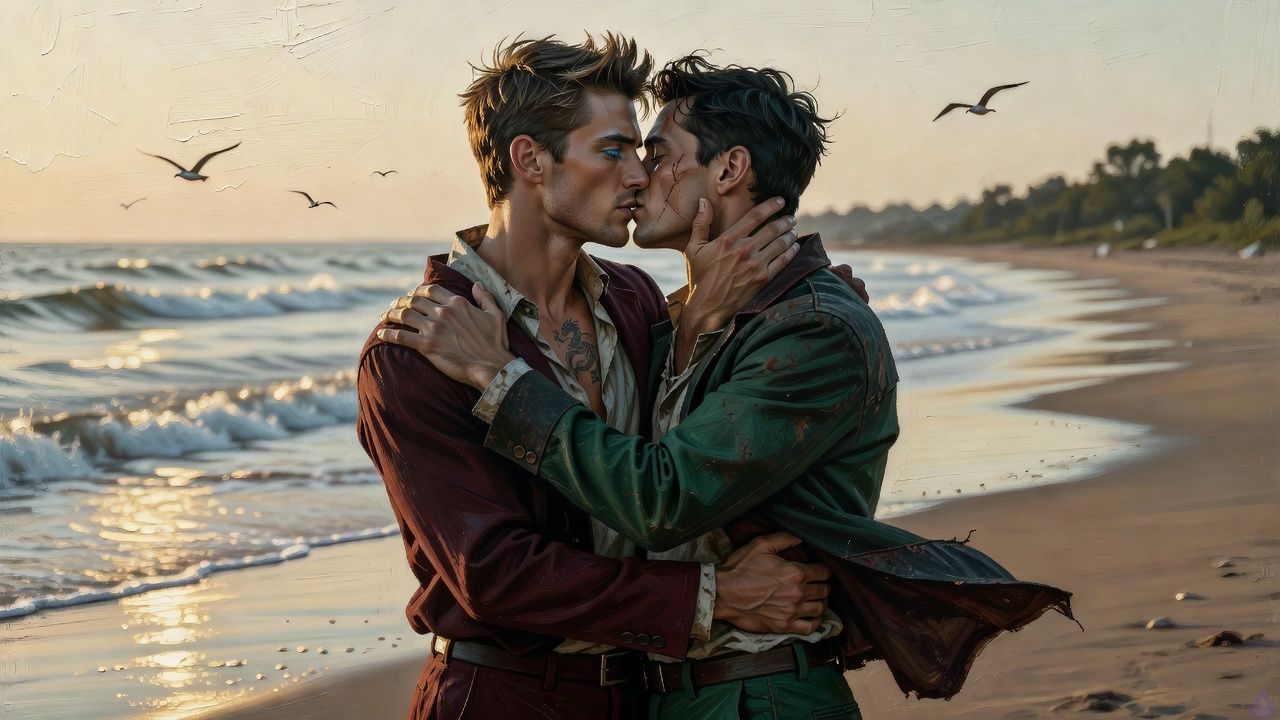 Cinematic romantic beach scene at sunrise, Blake Rhodes and Elias standing on a windswept coastline with silver ocean waves behind them, Blake in a worn shirt and jeans, blonde messy hair ruffled by the wind, blue-grey eyes, fair skin, small dragon tattoo visible near collarbone, holding Elias close and kissing him directly on the lips. Elias has dark hair, a scarred cheek, strong protective posture, one arm around Blake’s shoulders and the other at his back. Salt air, pale gold morning light, wet sand, distant gulls, emotional relief and tenderness mixed with lingering tension. Modern realistic style, intimate but non-explicit, no nudity.