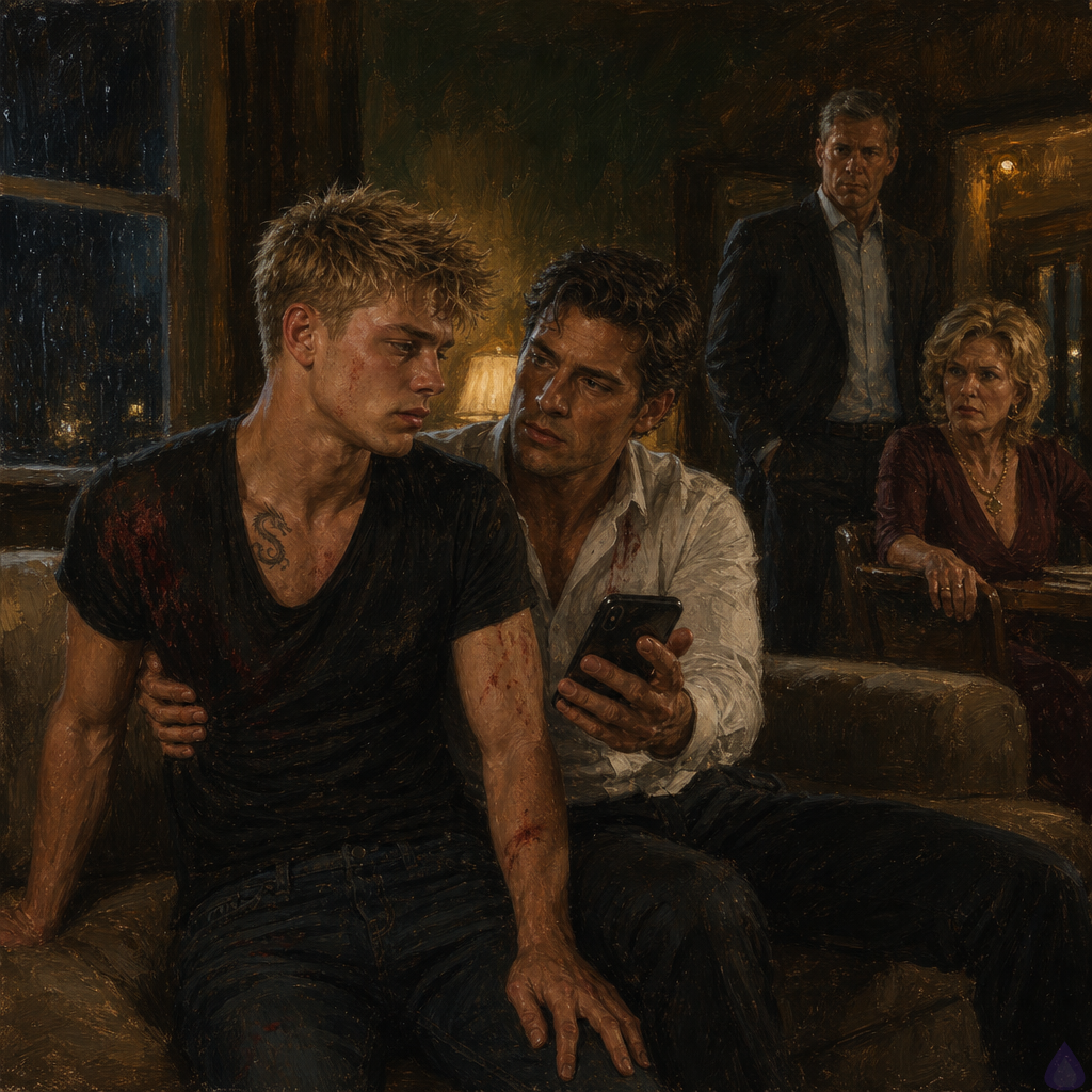 A tense interior scene in a comfortable but anxious family living room at night, rain visible faintly through windows. Blake Rhodes, a young adult with blond messy short hair, blue-grey eyes, fair skin, athletic build, and a black suit, is seated on a sofa leaning into Elias. Elias, a dark-haired man in a dark suit with a scarred cheek, holds a phone on speaker and keeps one protective hand at Blake’s back. Elias’s mother stands nearby with a protective, alert expression, and Elias’s father stands rigidly beside an armchair, both reacting to an ominous phone call. Warm lamplight contrasts with the cold tension in the room. Blake looks exhausted but determined, while Elias appears calm, controlled, and fiercely protective. The mood is intimate, dangerous, and emotionally charged.