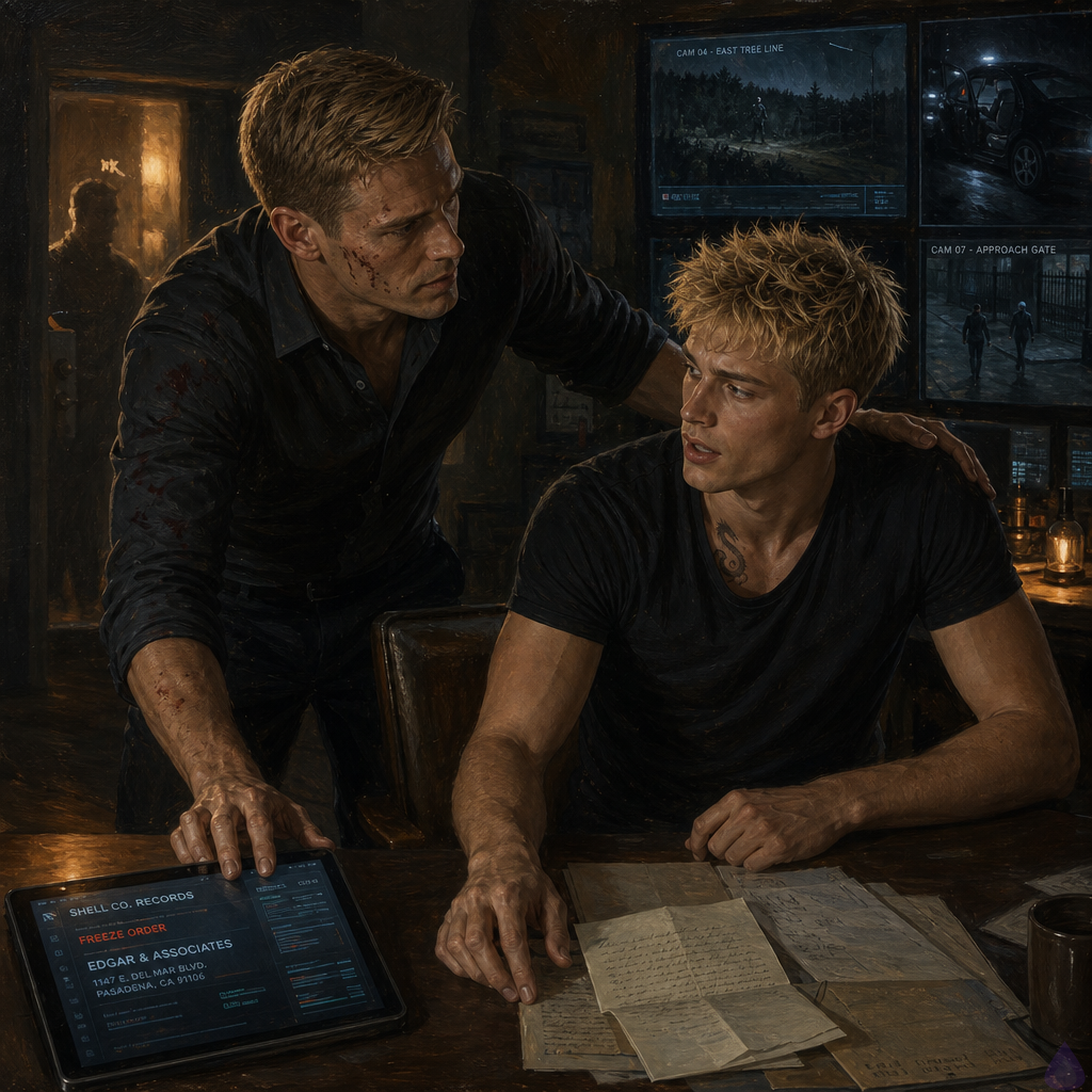 Cinematic tense interior of a fortified safe house command room at night, with Blake Rhodes and Elias in the foreground beside a coffee table covered with a handwritten letter and financial papers, a tablet showing shell company records, and multiple security monitors glowing blue. Blake is a young adult blonde man with messy spiky hair, blue-grey eyes, fair skin, athletic build, wearing borrowed clothes and looking exhausted, shaken, and determined. Elias is an older driver with steady hands, tense focus, and protective body language, dressed in dark practical clothes. The room has thick walls, a locked door, low amber lamp light mixing with cold monitor light, and visible tension in their posture. Through the monitors, a dark SUV and a hooded intruder appear near a gated perimeter outside. Mood is suspenseful, intimate, and dangerous, with layered shadows, alert security staff, and a sense of uncovering a hidden conspiracy.
