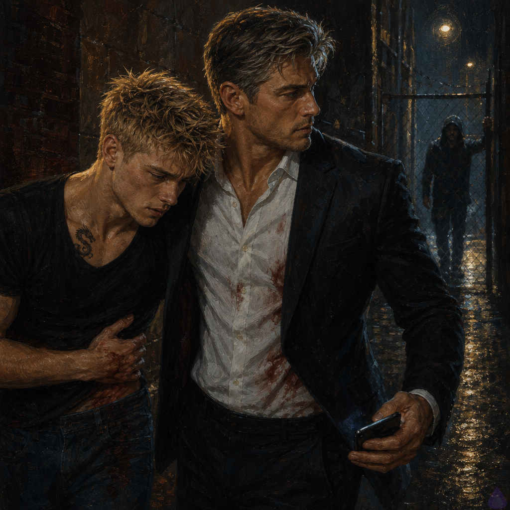 A tense urban alley at night after rain, wet brick walls and chain-link fence, dim sodium streetlights reflecting on the pavement. Blake Rhodes, a young adult blond man with short messy spiky hair, blue-grey eyes, fair skin, and a bloodied shirt, is half-supported by Elias, an older steady-handed driver with silver-threaded hair and a guarded expression. Blake is whispering urgently, visibly shaken and in pain, while Elias shields him with one arm. In the background near the fence, a hooded man stands in shadow, partially obscured and threatening. The mood is suspenseful and protective, with strong cinematic contrast, cold blue shadows, and a tense, intimate sense of danger and fragile trust.