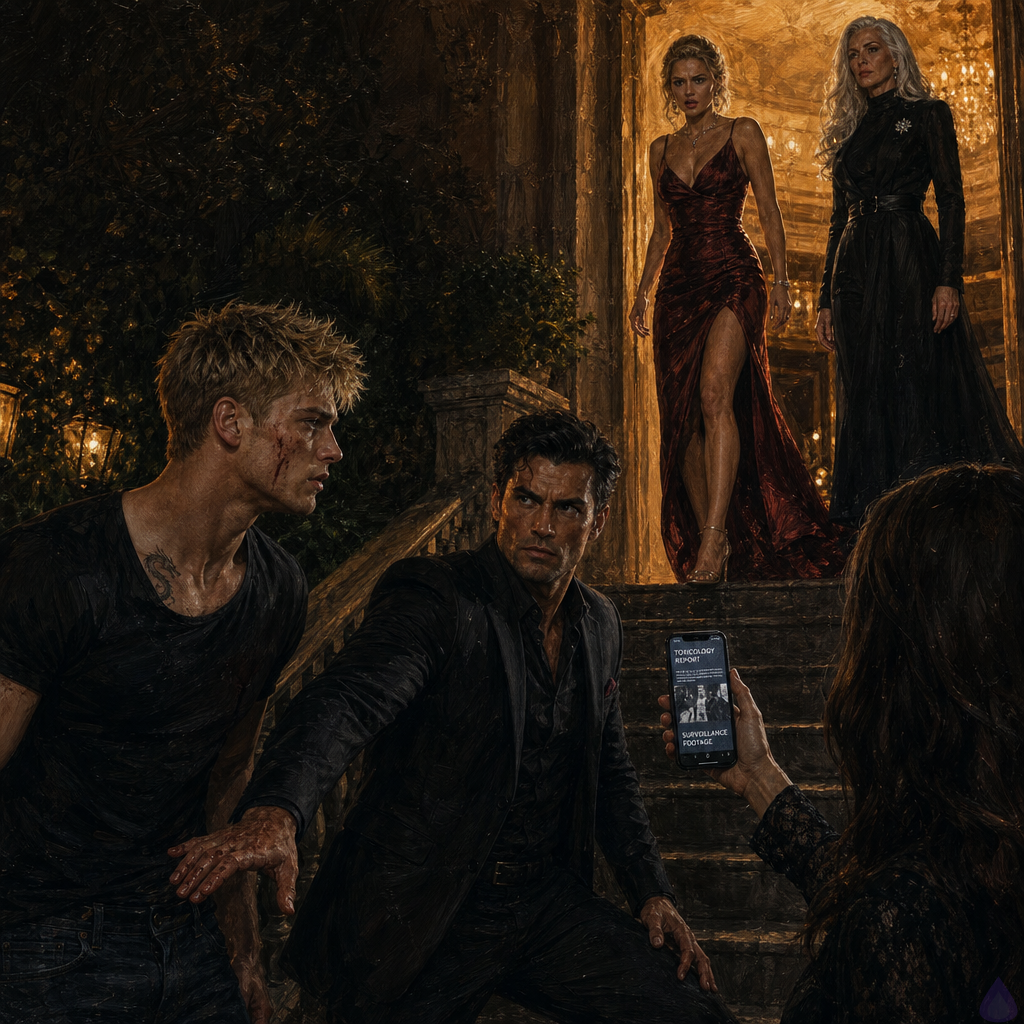 Nighttime luxury fundraiser terrace garden overlooking a coastal city, Blake Rhodes in a dark elegant suit looking shaken but resolute beside Elias in a dark suit, Elias standing protectively close with tense fury, Mara at the top of the terrace stairs in a polished glamorous outfit, visibly cornered and angry, Verity Vale below on the garden path holding up a phone with evidence, Celeste Rhodes at the top of the stairs with cold authoritative composure, warm terrace lights spilling over stone steps, dark hedges, ocean air, dramatic confrontation atmosphere, tense body language, emotional, cinematic realism