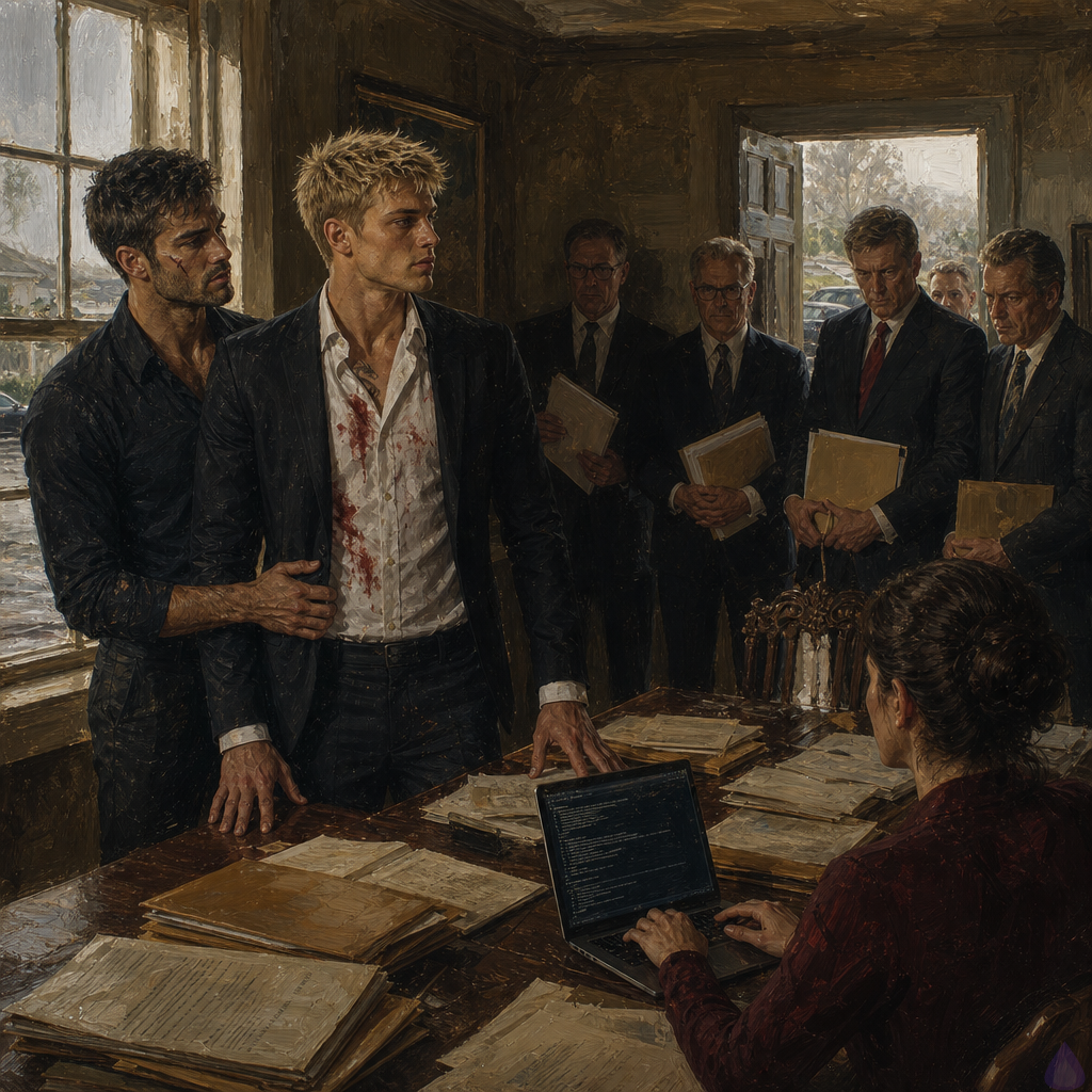 Cinematic daylight interior of a worn river-road service house turned temporary command center, pale morning light streaming through dusty windows, rain-wet driveway visible outside with several dark cars parked. Blake Rhodes stands at the head of a table with Philippa’s archive open before him, composed and commanding, blonde messy hair, fair athletic build, wearing Elias’s shirt, expression firm and wounded. Elias stands close at Blake’s shoulder, protective and steady, dark hair and scarred cheek visible, dressed in practical dark clothing. Verity stands near a laptop and folders, silver hair pinned back, tense and watchful. Several suited trustees and lawyers enter the room carrying folders, faces pale and anxious. Mood is tense, intimate, and high-stakes, with a sense of power shifting into daylight accountability. No explicit violence, no nudity.