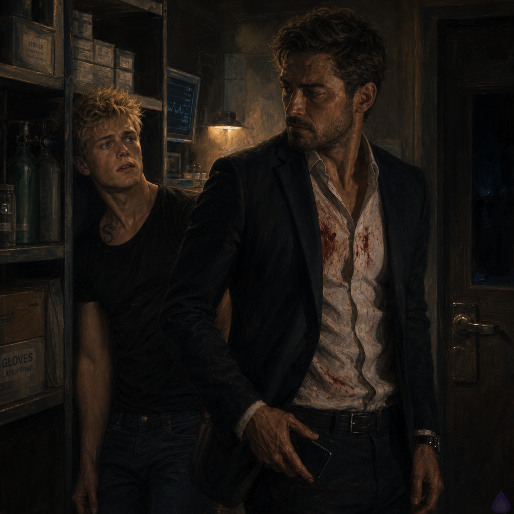 A tense interior scene inside a secure clinic safe room at night, lit by a single amber lamp and the blue glow of wall monitors. Blake Rhodes, a young adult blond man with messy spiky hair, blue-grey eyes, fair skin, athletic build, and a bandage at his side, hides half-concealed behind metal storage shelves and medical supplies, visibly shaken and emotional. Elias, an older protective man with a tense posture, stands in front of the clinic door holding a smartphone, his expression hard and focused as he listens to a voicemail. The room feels claustrophobic and dangerous, with sealed cabinets, an oxygen canister, a chair, a locked door, and a subtle sense of approaching threat from the hallway outside. The mood is suspenseful, intimate, and heavy with revelation, with Blake’s fear and shame contrasting Elias’s controlled protectiveness.