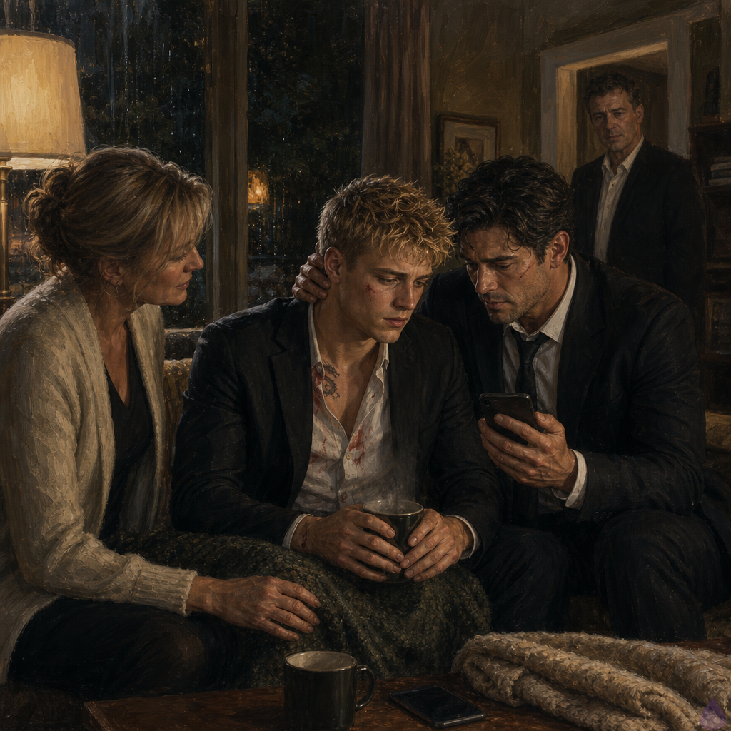 A tense yet tender evening in a warm suburban living room after a crisis. Blake Rhodes, a young adult blonde man with short messy spiky hair, blue-grey eyes, fair skin, athletic build, and a black suit slightly rumpled from stress, sits on a sofa holding a steaming mug with both hands, visibly shaken but beginning to calm. Elias, a dark-haired man with a scarred cheek in a dark suit, sits close beside him, protective and grounded. Elias’s mother stands nearby with a gentle, protective expression, while Elias’s father watches from the background with quiet, guarded warmth. Soft lamplight, rain-dark windows, blankets, tea, and a homey baked smell create a contrast with the tension. The mood is intimate, safe, and emotionally vulnerable, with subtle romantic closeness between Blake and Elias, their knees touching and Elias leaning in supportively.