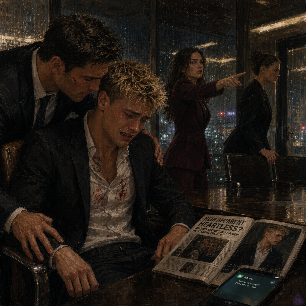 A tense modern corporate office at night with rain-streaked windows and harsh overhead lighting. Blake Rhodes, a young adult blonde man with messy short spiky hair, blue-grey eyes, fair skin, athletic build, and a black suit and shirt, is seated and visibly overwhelmed during a severe panic attack, hands shaking and face pale with fear and shame. Elias, a dark-haired man with a scarred cheek in a dark suit, stands close beside him, holding his forearm and steadying him with protective concern. Celeste, composed and stern, stands near the conference table ordering the room cleared, while Verity looks tense and angry beside a tabloid paper on the table. The mood is intimate, high-stakes, and emotionally raw, with dramatic shadows, scattered documents, a lit phone on the table, and rain reflecting city lights outside the glass walls.