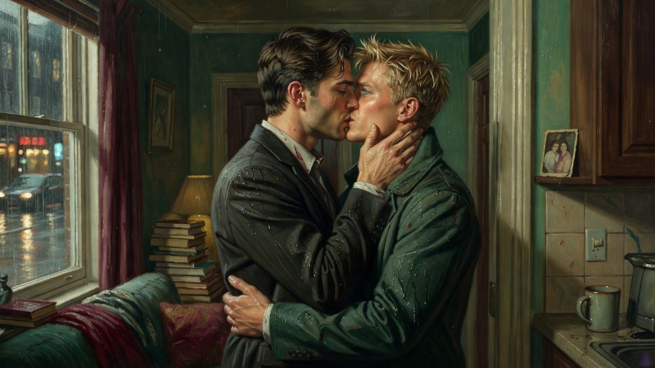 A rain-soaked nighttime scene inside Elias's modest flat, warm interior light contrasting with the wet city outside the window. Blake Rhodes, a young adult blond man in elegant but slightly rumpled formal clothes, is kissing Elias hard by the apartment doorway; Elias, a guarded dark-haired man in a dark coat, holds Blake by the waist and jaw with intense but tender affection. The apartment is small and lived-in, with books stacked near a sofa, a drying mug by the sink, and an old family photo on a hallway shelf in the background. Mood is intimate, charged, and emotional, with visible rain on their clothes and a sense of private refuge after conflict. No nudity, no explicit sexual acts.