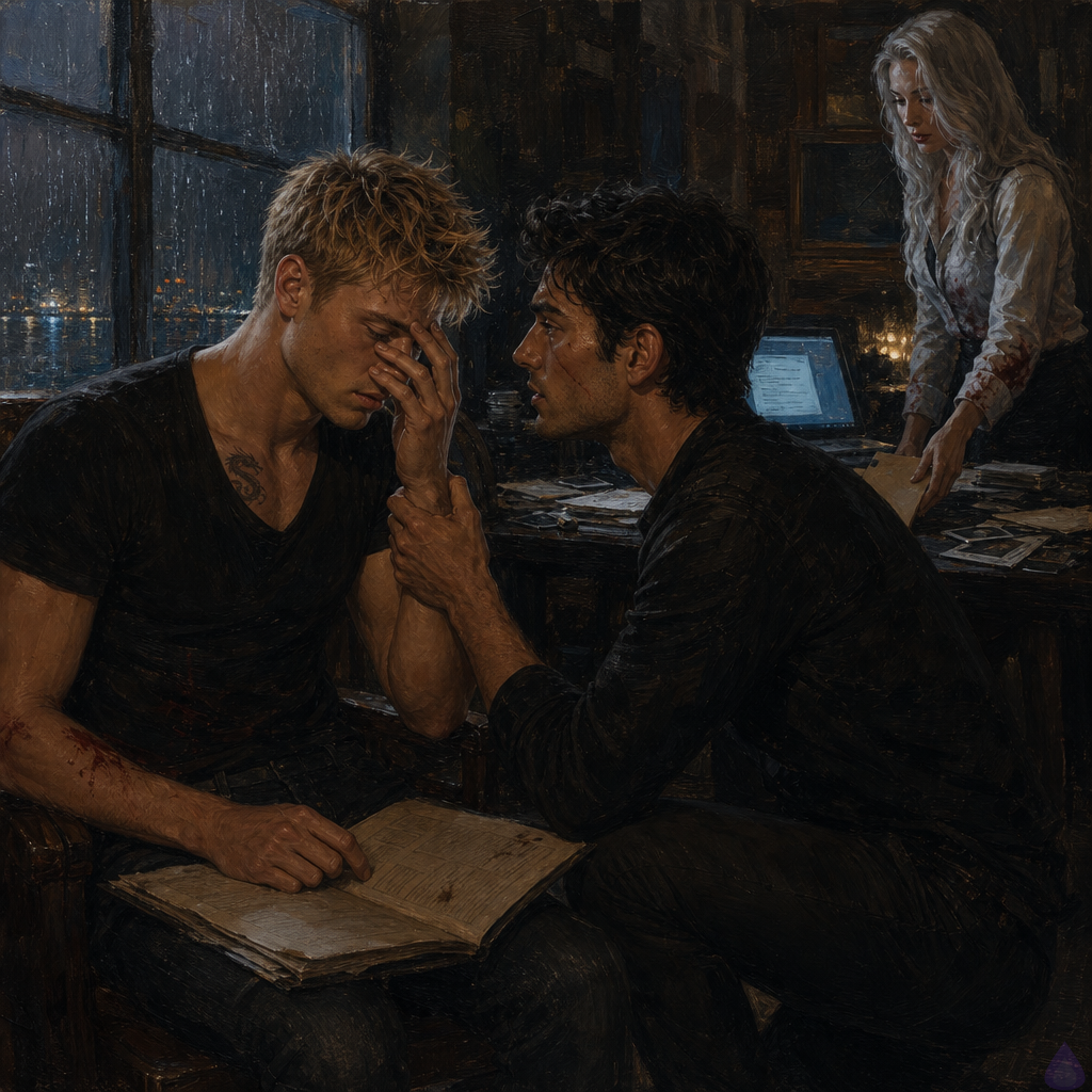 A tense intimate scene inside a dim riverside service house at night, blue laptop light illuminating Blake Rhodes and Elias seated close together at a cluttered table strewn with folders, hard drives, and printed documents. Blake, a young adult man with short messy blond hair, blue-grey eyes, fair athletic build, and a small dragon tattoo visible at the collarbone above an open collar, looks shaken and thoughtful as he reads a file. Elias, a dark-haired scarred-cheeked protective man, crouches beside him with a steady hand on Blake’s wrist, watching him with intense concern. Verity stands in the background near the table, composed but exhausted, with silver hair and a bloodstained cuff. The room is sparse, rain-streaked window in back, moody shadows, emotional tension, unresolved grief, quiet intimacy, cinematic realism, no nudity.