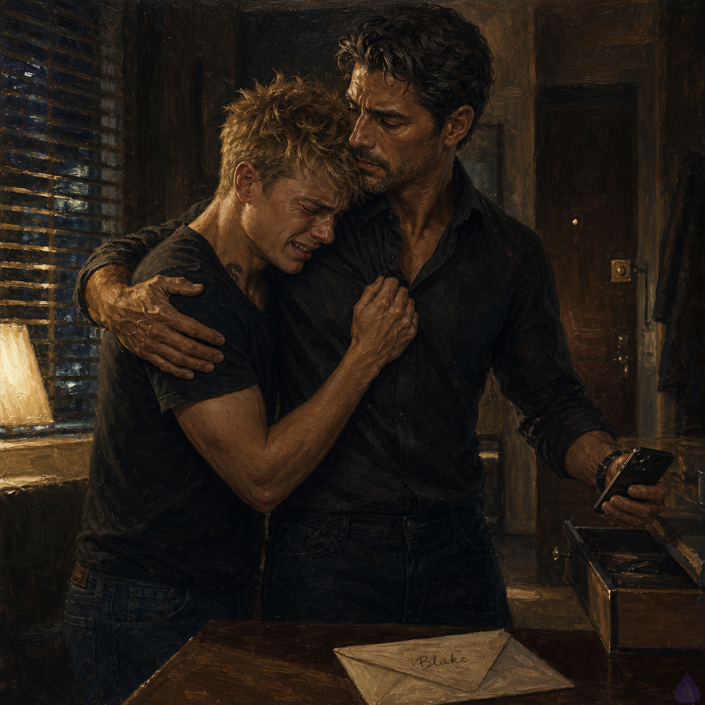 Interior of a dim, modest apartment living room at night, warm lamp light and closed blinds, tense atmosphere. Blake Rhodes, a young adult blonde man with messy spiky hair, fair skin, blue-grey eyes, and an athletic build, wears a clean borrowed shirt and sweatpants, visibly shaken and clinging tightly to Elias. Blake looks frightened and exhausted, half-crying, with one hand gripping Elias’s shirt. Elias, an older steady driver with calm protective body language, holds Blake close with one arm while standing defensively between Blake and the apartment door. On the coffee table sits a folded letter with Blake’s name visible. The mood is anxious, intimate, protective, and suspenseful. No nudity, no explicit sexual content, no weapons shown prominently, cinematic realism, soft shadows, subtle rain reflections on the window blinds.