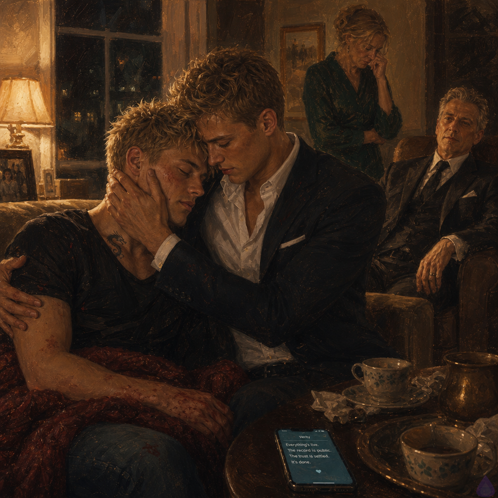A tense but finally relieved domestic scene in a warm living room at night. Blake Rhodes, a young adult blonde man with short messy spiky hair, blue-grey eyes, fair skin, athletic build, and a black suit, is leaning fully into Elias, who has dark hair, a scarred cheek, and a dark suit. Elias holds Blake protectively on a sofa, his hand at Blake’s back and his expression softened with relief. Elias’s mother stands nearby with emotional warmth, his father sits back in a chair with guarded approval, and a phone on the table shows a final resolved message. The lighting is soft amber from lamps, creating a safe, intimate atmosphere after high tension. Blake looks exhausted but finally safe, his eyes wet with relief; Elias is steady and tender. Subtle family warmth, blankets, tea cups, and a quiet sense of closure fill the room. No nudity, no explicit content, just emotional closeness and post-crisis calm.