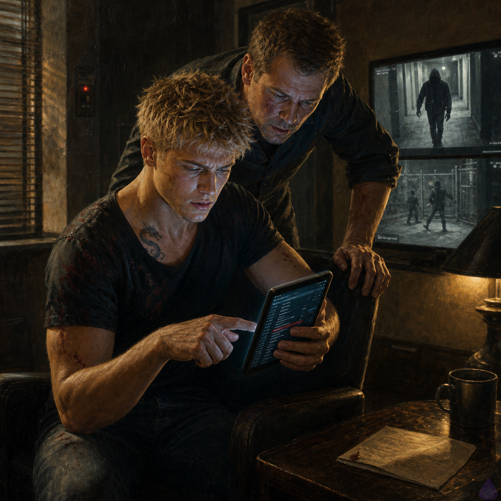 A tense interior safe house scene at night, with Blake Rhodes holding a tablet and pointing at financial records on the screen while Elias stands close beside him, both lit by cool monitor glow and warm amber lamp light. Blake is a young adult blonde man with short messy spiky hair, blue-grey eyes, fair skin, athletic build, a small dragon tattoo at his collarbone, wearing borrowed clothes and looking exhausted but suddenly sharp and focused. Elias is an older steady man with a protective posture, tense expression, and calm but hard focus. In the background, a wall monitor shows grainy security camera footage of a hooded intruder moving through a corridor and another feed of the east fence breach outside. The room feels fortified, quiet, and dangerous, with locked doors, blinds drawn, a coffee table with a folded letter, and a secure, tactical atmosphere. Emphasize Blake’s return to analytical confidence, Elias’s protective vigilance, and the looming threat of intrusion.