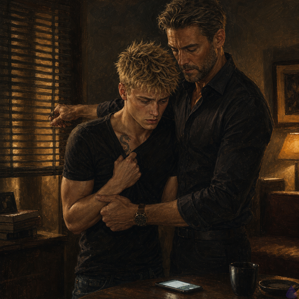 A tense, intimate apartment scene at night in a small dimly lit living room. Blake Rhodes, a blond young adult with messy short spiky hair, blue-grey eyes, fair skin, an athletic build, and a small dragon tattoo visible near his collarbone, stands close and clings to Elias in fear, his face pale and shaken, wearing a clean borrowed shirt and sweatpants. Elias, an older driver with steady hands and a protective posture, holds Blake gently at the elbow and back while turning to shut the blinds on a window. The room is warm but shadowed, with blinds closing over a city street glow, a locked door visible in the background, and a coffee table with a phone being set aside. The mood is protective, anxious, and emotionally charged, with body language showing panic, reassurance, and burgeoning trust. Soft amber lamp light, deep shadows, realistic modern apartment details, cinematic composition, no nudity.