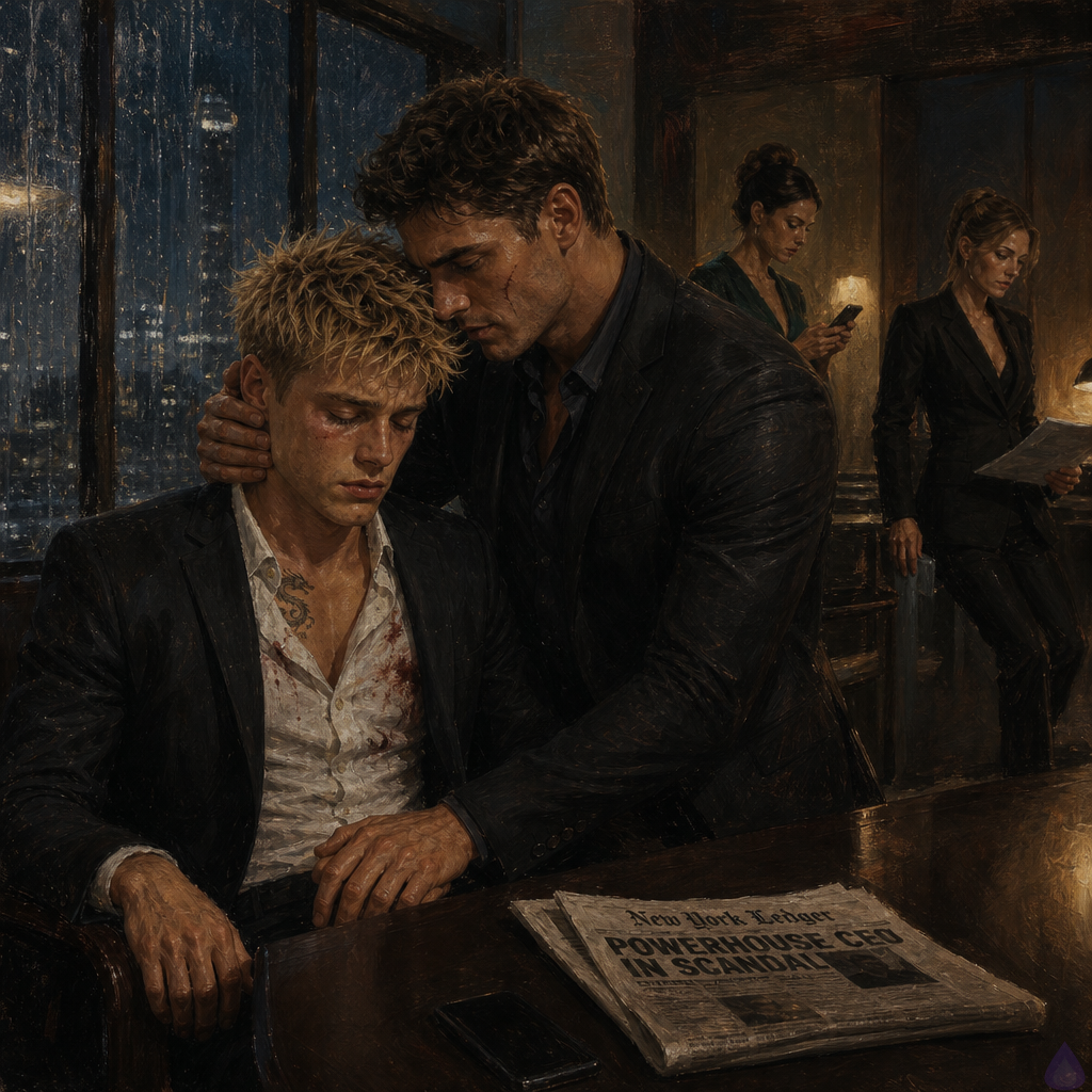 A tense modern office at night with rain streaking the tall windows, Blake Rhodes seated in a conference chair, pale blond messy hair, blue-grey eyes, fair skin, black suit and white shirt slightly rumpled, visibly shaking but being guided through a panic attack by Elias. Elias stands close beside him in a dark suit, scarred cheek visible, one hand at the back of Blake’s neck and the other covering Blake’s clenched hand on the chair arm, protective and calm. On the table lies a folded tabloid newspaper and Blake’s phone facedown beside it, both ominous. Celeste stands in the background with a phone and stern expression, Verity nearby with papers and a sharp, controlled posture. The mood is intimate, tense, and emotionally raw, with soft office lighting, reflections on glass, and a sense of quiet support amid scandal and dread.