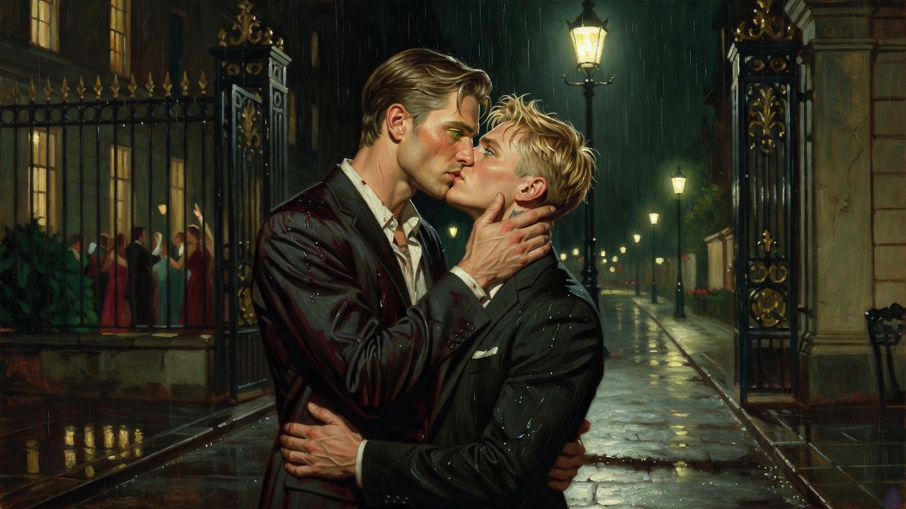 A cinematic romantic night scene on a quiet city street outside a grand estate. Blake Rhodes, a young adult with short messy blond hair, blue-grey eyes, fair skin, athletic build, and a tailored dark outfit, walks away with Elias, a guarded man in a dark suit with a cheek scar and strong protective posture. They are standing under a streetlamp in light rain, the wet pavement reflecting gold and silver light. Elias’s hand is at Blake’s jaw as they share a slow, intimate kiss, both emotionally intense and relieved. The mood is tense, tender, and hopeful after conflict. In the background, the estate garden gate and blurred mansion lights suggest chaos left behind, while the city street ahead feels quiet and private. Emphasize body language, closeness, damp clothing, rain sheen, and the sense of choosing each other over danger.