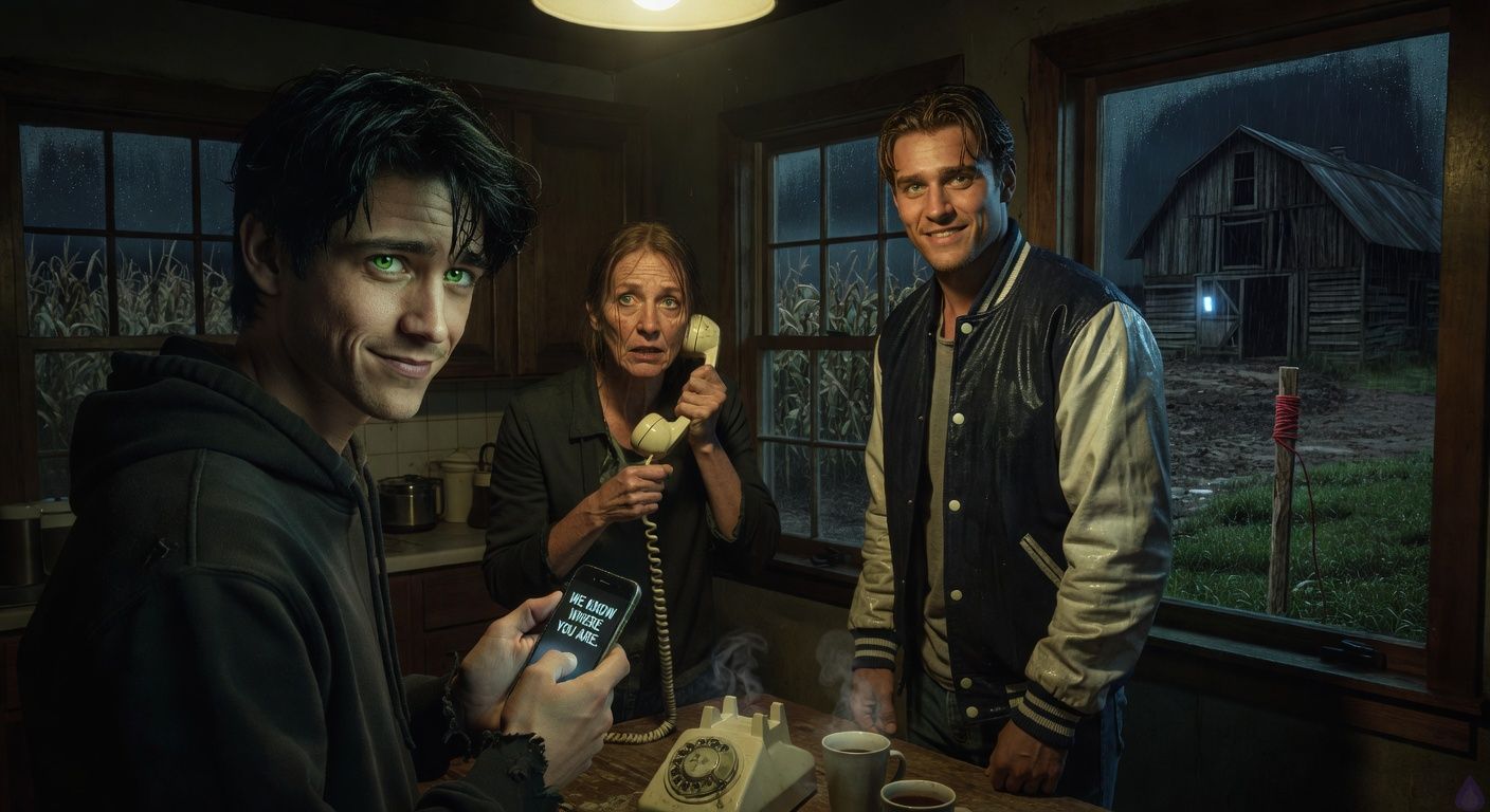 Cinematic rural horror scene inside an old farmhouse kitchen at night, three tense characters framed by warm yellow overhead light and cold blue glow from outside. Drake Caine, an eighteen-year-old in travel-worn clothes, stands near a kitchen table with a lit cell phone showing a threatening message. Aunt Lila, work-worn and fierce, grips a dangling landline phone with fear and determination. Shane Riley, handsome high school athlete in a damp letterman jacket, stands near the window, protective and shaken, rain in his hair. Through the dark window, an old barn looms in the yard with a faint blue phone glow inside, and a wooden stake wrapped in red twine stands in wet grass. Mood is suspenseful, intimate, high tension, tasteful emotional closeness, rural gothic atmosphere, rain-slick grass, cornfields in darkness, cinematic lighting, shallow depth of field.