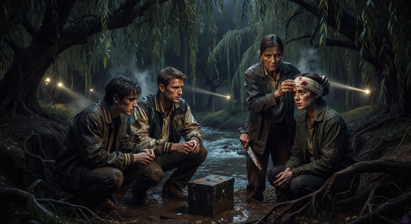 Cinematic PG-13 thriller scene beneath rain-soaked willow trees at night, four muddy survivors huddled in a hidden hollow beside a swollen creek. Drake, an eighteen-year-old with dark wet hair and a tense protective posture, crouches beside Shane, a soaked high school athlete in a muddy letterman jacket, their hands close with intimate trust and fear. Aunt Lila, work-worn and fierce, guards the group with a kitchen knife while tending injured Kara Bell, who has short uneven hair, a head bandage, and haunted eyes. A small black lockbox sits in the mud among exposed roots, ominously central. Distant flashlight beams cut through rain and mist beyond the willow curtain. Mood is suspenseful, emotional, atmospheric, with cold blue-gray storm lighting and warm faint highlights on faces, cinematic romance-thriller framing, tasteful intimacy, no graphic violence.