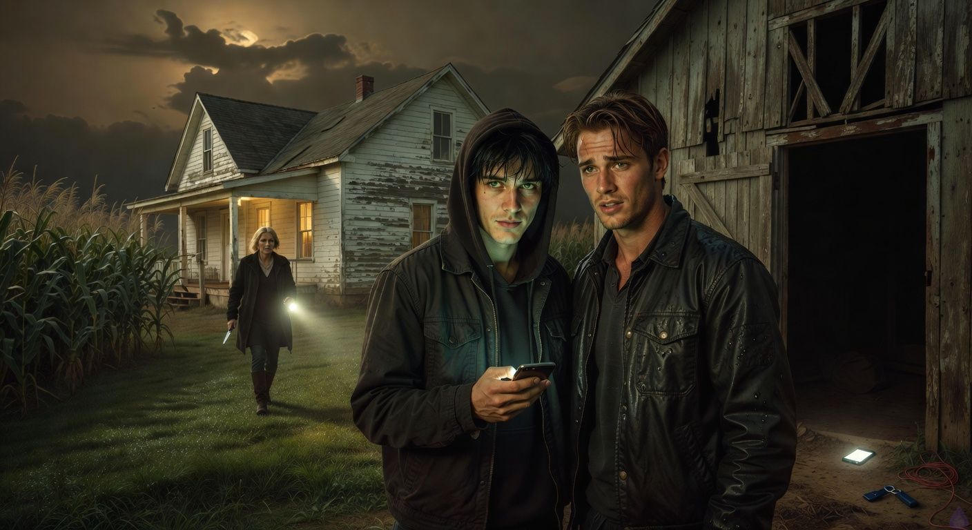 Cinematic rural thriller scene at night beside an old white farmhouse and weathered barn, wet grass and towering cornfields under a bruised moonlit sky. Drake Caine, an eighteen-year-old in travel-worn clothes, stands tense with a glowing phone in his hand, grief and determination on his face. Shane Riley, handsome high school athlete in a damp letterman jacket, stands close in a protective posture, frightened but brave, his gaze fixed on the dark barn. Aunt Lila approaches from the side of the farmhouse holding a flashlight and a kitchen knife, fierce and afraid. In the barn doorway, a phone screen glows on the dirt floor beside a blue plastic key tag and red twine. Mood is suspenseful, intimate, dangerous, with strong chiaroscuro lighting, porch light cutting through mist, emotional body language, tasteful charged tension between Drake and Shane, no gore.