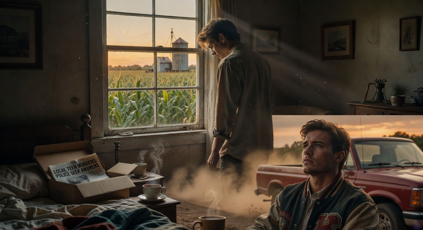 Cinematic rural gothic scene at dusk, an eighteen-year-old grieving young man standing in a small upstairs bedroom of an old farmhouse, framed by a dusty window overlooking endless cornfields and a distant rusted grain silo. A cardboard box of belongings sits open on the bed with a folded newspaper headline about teen murders visible. Outside below, a red pickup truck rolls past in golden dust, driven by a handsome high school football player in a letterman jacket who looks up toward the window with a guarded, intense expression. The mood is tense, intimate, melancholy, and ominous, warm sunset light cutting through dust motes, muted colors, emotional body language, suspenseful rural atmosphere, tasteful cinematic framing.