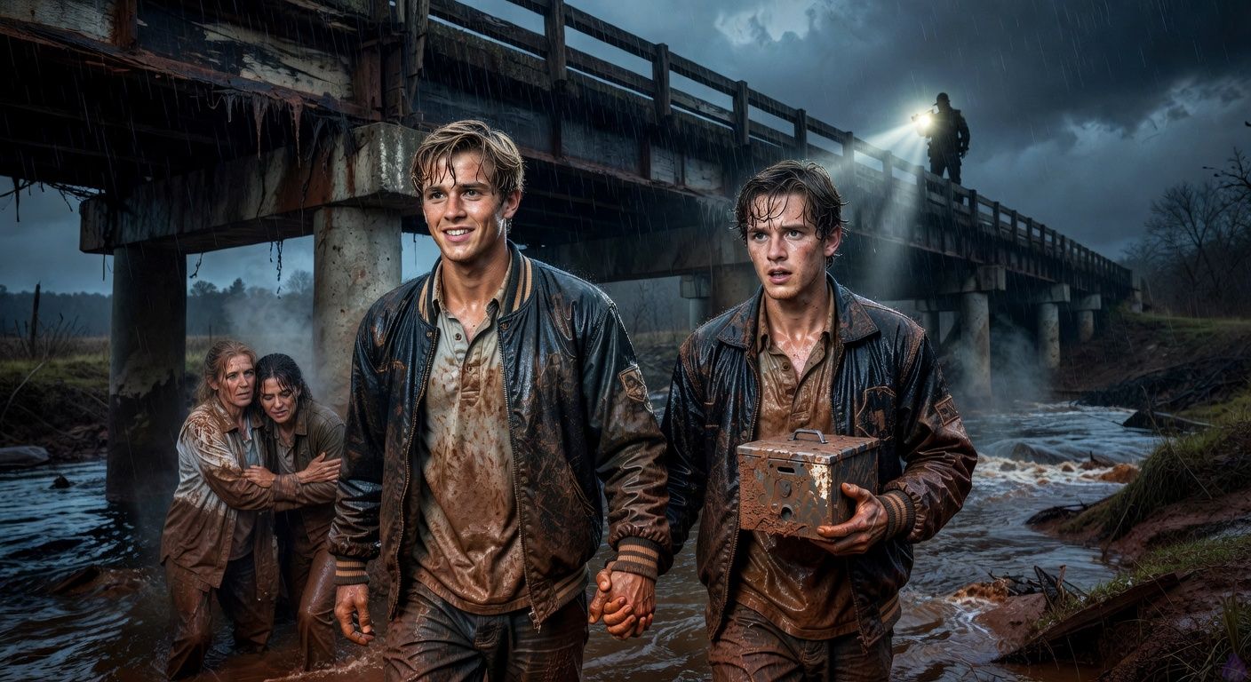 Cinematic rainy thriller scene beneath an old rural service bridge at predawn, four muddy teenagers and an older woman fleeing along a swollen creek with evidence in hand. Drake, an eighteen-year-old boy with travel-worn muddy clothes, grips Shane Riley’s hand while Shane clutches a mud-covered lockbox, his soaked letterman jacket plastered to him and his face full of fear and resolve. Aunt Lila, muddy and work-worn, protects injured Kara Bell near the concrete bridge support. Above them, harsh flashlight beams and the silhouette of a sheriff with a pistol cut through rain. The mood is tense, intimate, and urgent, with stormy blue-gray lighting, wet wood, rushing dark water, red clay staining the creek, and body language showing trust, terror, and determination. Tasteful cinematic framing, emotional closeness, no graphic violence.