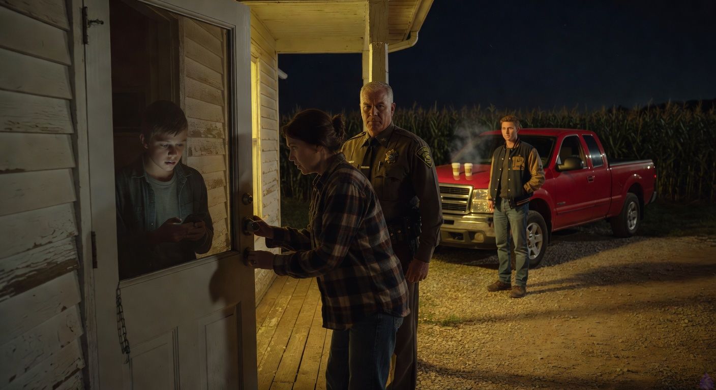 Cinematic rural thriller scene at night on the porch of an old white farmhouse surrounded by dark cornfields. A tense eighteen-year-old boy stands half in shadow in the doorway holding a glowing phone, his face pale with grief and suspicion. His protective aunt blocks the doorway, tense and fierce, one hand on the chain latch. A stern sheriff in uniform stands under a yellow porch light, badge glinting, expression controlled and threatening. In the gravel driveway, a handsome high school jock in a letterman jacket stands beside a red pickup, anxious and conflicted, trying to warn the boy with his eyes. A sheriff cruiser idles nearby, radio light glowing. Mood is suspenseful, intimate, high tension, with blue-black night, dusty gravel, silent cornfields, and a sense of secrets closing in.
