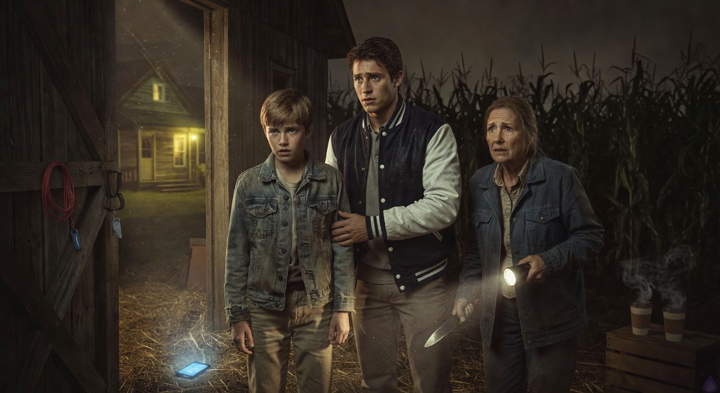 Cinematic nighttime thriller scene outside an old rural farmhouse and weathered barn in a cornfield. An eighteen-year-old grieving boy stands tense in travel-worn clothes, lit by the eerie blue glow of a phone on the barn floor. Beside him is a handsome high school athlete in a damp letterman jacket, protective but frightened, his hand lightly touching the boy's sleeve with restrained intimacy and urgent concern. A work-worn aunt stands nearby holding a flashlight and kitchen knife, fierce and afraid. The barn door is cracked open, red twine and a blue plastic key tag visible in the dust, cornfields looming black behind them. Moody porch light, misty air, high suspense, emotional tension, tasteful cinematic framing, no gore.