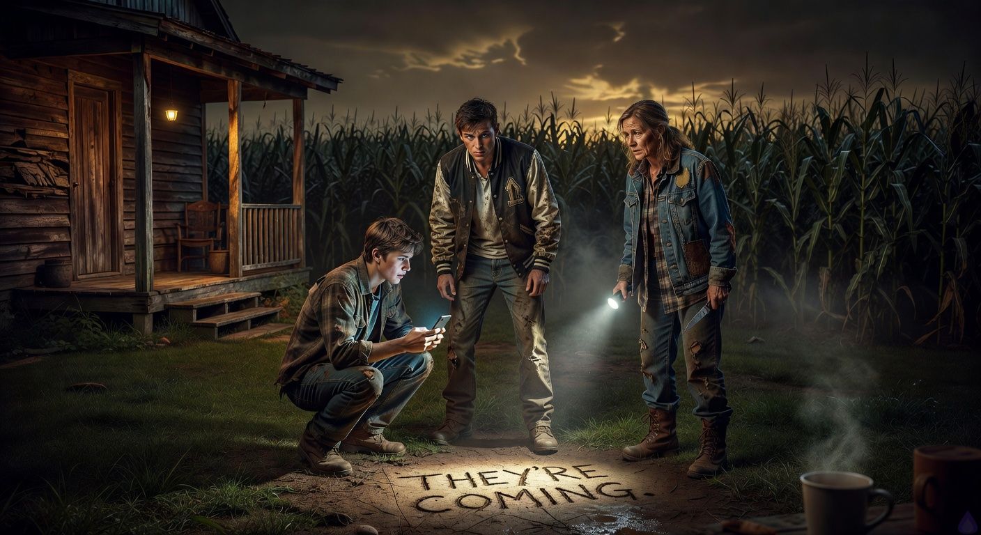 Cinematic rural thriller scene at night beside an old weathered barn and farmhouse, damp grass, towering cornfields surrounding the yard, blue phone glow illuminating scratched words in the dirt, a tense eighteen-year-old boy in travel-worn clothes gripping a phone, a popular jock in a damp letterman jacket standing close beside him with fear and conflicted tenderness in his eyes, a protective aunt in work-worn rural clothing holding a flashlight and kitchen knife, porch light warm behind them, distant siren implied by atmosphere, corn rows dark and watchful, moody high-contrast lighting, intimate suspenseful body language, subtle romantic tension between the two boys through proximity and shared gaze, PG-13, cinematic composition, atmospheric fog and wet earth textures