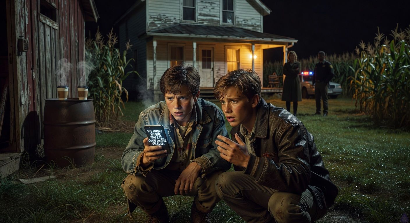Cinematic rural thriller scene at night behind an old white farmhouse, wet grass and looming cornfields under cold moonlight. Two eighteen-year-old boys, Drake in travel-worn clothes and Shane in a damp letterman jacket, crouch near a rain barrel beside a weathered barn. Drake holds a glowing phone showing a threatening message, his face tense with grief and anger. Shane leans close with an urgent, fearful expression, protective but uncertain, one hand raised in a silent plea. In the distance, warm porch light silhouettes a stern aunt and a sheriff near a cruiser, creating high contrast between safety and danger. Mood is suspenseful, intimate, charged with trust and suspicion, tasteful cinematic framing, no gore.