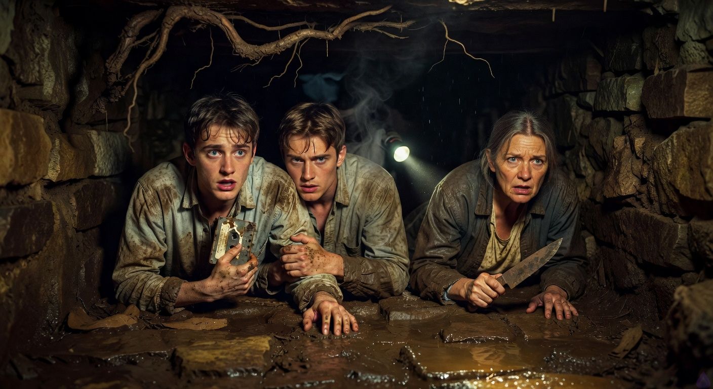 Cinematic PG-13 horror-romance scene inside a narrow underground stone crawlspace beneath an old rural farmhouse at night. Three frightened young adults and an older aunt crawl through wet stone and mud, roots dangling overhead, flashlight beam cutting through darkness. Drake is panicking from claustrophobia, clutching a cassette tape, face pale and rain-streaked. Shane is close beside him, gripping his wrist gently but firmly, offering comfort with an intense, protective gaze; their body language is intimate and emotionally charged but not explicit. Aunt Lila crawls ahead, fierce and protective, holding a kitchen knife and looking back with fear and determination. Behind them, darkness suggests a masked pursuer approaching. Mood: tense, damp, cinematic, high contrast lighting, blue-gray shadows, warm flashlight glow, rural gothic suspense.