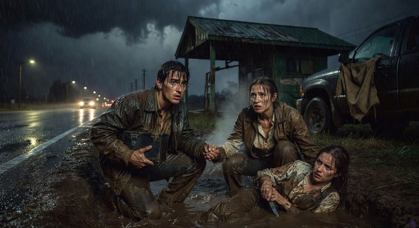 Cinematic rural thriller scene at night in heavy rain: four muddy fugitives crouched in a roadside drainage ditch beside a dark highway, an abandoned weigh station with a weathered green roof ahead, a suspicious pickup hidden in shadows with a burlap hood hanging from its mirror, distant headlights flashing a coded pattern through sheets of rain. Drake, a soaked young man, grips Shane’s hand tightly while trying to stay brave; Shane, muddy in a soaked letterman jacket, clutches a black lockbox under his arm and looks terrified but determined. Aunt Lila crouches protectively near injured Kara Bell, holding a kitchen knife low. Moody blue-gray lighting, sodium-yellow spill from far road lamps, tense body language, intimate but non-explicit emotional closeness, storm atmosphere, suspenseful composition.