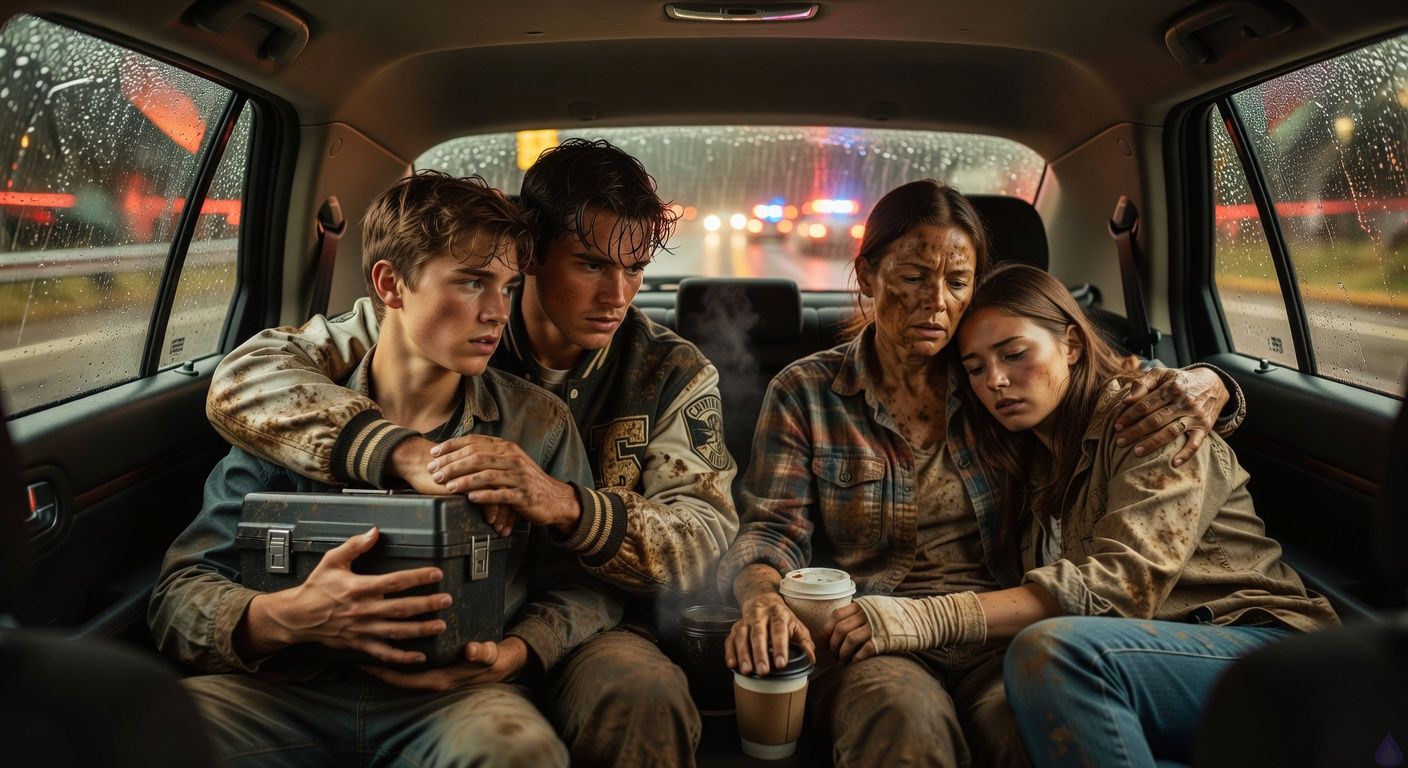Cinematic thriller scene inside a rain-lashed state police SUV at night, four muddy survivors packed together in the back seat during a desperate escape. Drake, an eighteen-year-old with travel-worn muddy clothes, clutches a black evidence lockbox to his chest while Shane, a soaked high school jock in a mud-stained letterman jacket, presses close beside him and holds his wrist with fearful tenderness. Aunt Lila, muddy and work-worn, shields injured Kara Bell in the rear, both exhausted but determined. Red and blue police lights streak across wet windows, rain blurs the highway outside, and distant headlights form a rescue line ahead. Mood is tense, intimate, protective, and cinematic, with dramatic low light, reflections, frightened faces, intertwined hands over the lockbox, no gore, PG-13 suspense romance atmosphere.