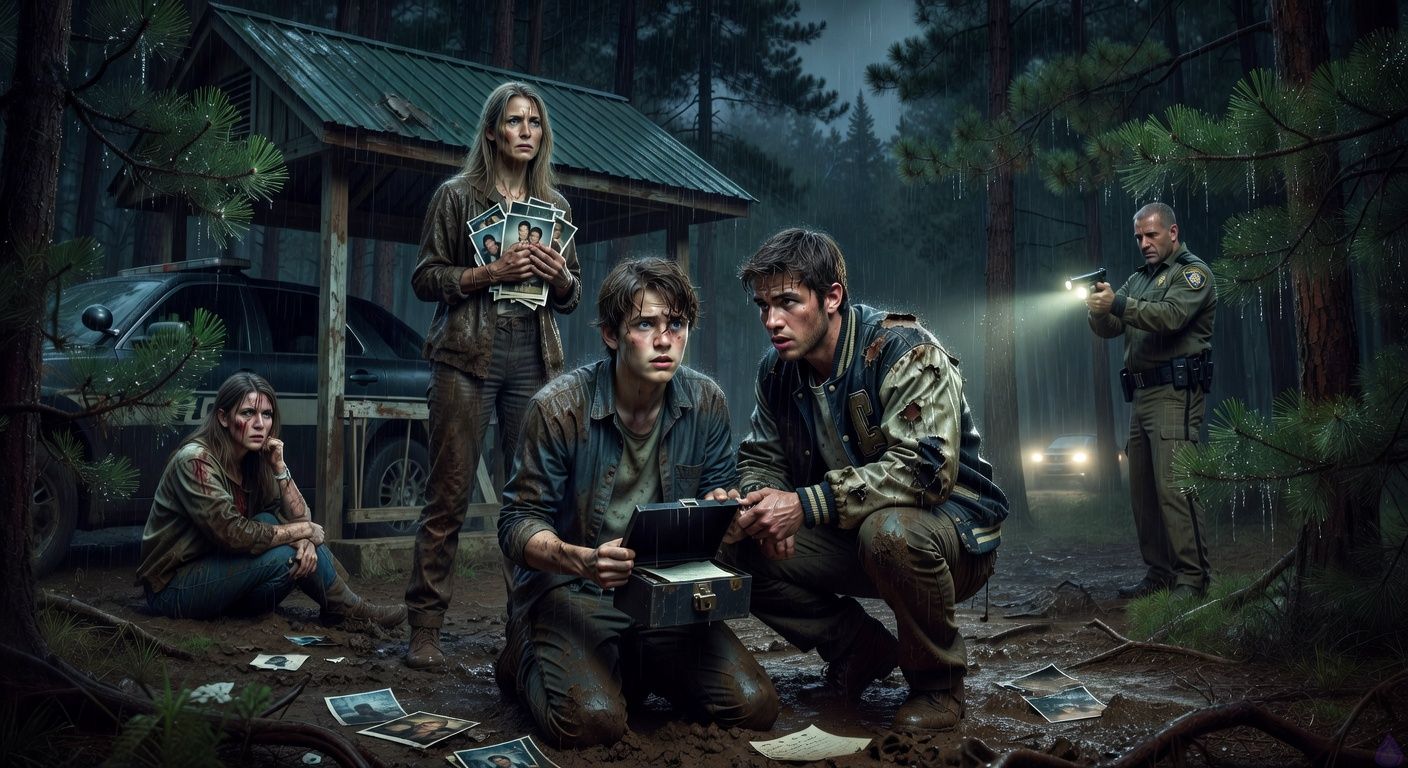 Cinematic rainy nighttime thriller scene in a pine forest beside an abandoned rural weigh station with a green metal roof. A muddy eighteen-year-old boy, Drake, kneels with a black lockbox open in his hands, rain streaming over his face, fear and determination in his expression. Shane, a soaked high school athlete in a ruined letterman jacket, crouches close beside him, gripping his wrist with protective urgency and a vulnerable, intense gaze. Aunt Lila stands behind them, muddy and fierce, clutching evidence photographs, while injured Kara Bell shelters near a dark state police SUV. Trooper Vance aims a pistol into the rainlit trees. Flashlights and distant headlights cut through mist, pine branches glisten, and scattered photographs reveal old secrets. Mood: tense, intimate, storm-soaked, suspenseful, emotionally charged, PG-13 cinematic realism.