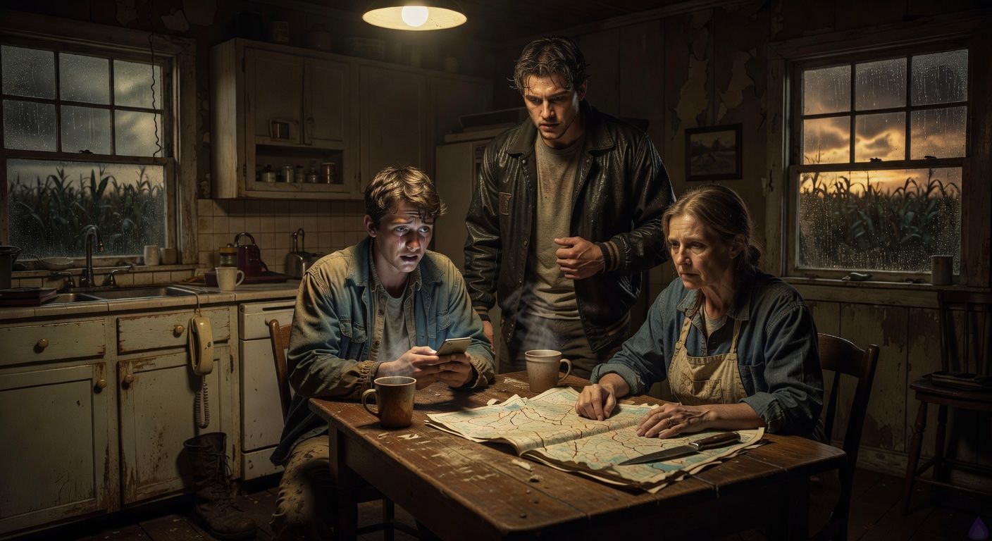 Cinematic PG-13 thriller scene inside an old rural farmhouse kitchen at night. Three young adults and an older aunt stand close around a worn wooden table under flickering yellow light. Drake, an eighteen-year-old grieving boy in travel-worn clothes, holds a glowing phone with shock and sorrow on his face. Shane, a handsome high school athlete in a damp letterman jacket, stands close beside him, frightened but protective, their shoulders nearly touching in tense emotional intimacy. Aunt Lila, work-worn and fierce, stands nearby with a road atlas open on the table, her face pale with grief and resolve. Rain streaks the dark windows, cornfields visible outside, a fallen landline dangles from the counter, and a kitchen knife rests near the atlas. Mood: suspenseful, intimate, haunted, cinematic lighting, rich shadows, rural gothic atmosphere, tasteful emotional tension.
