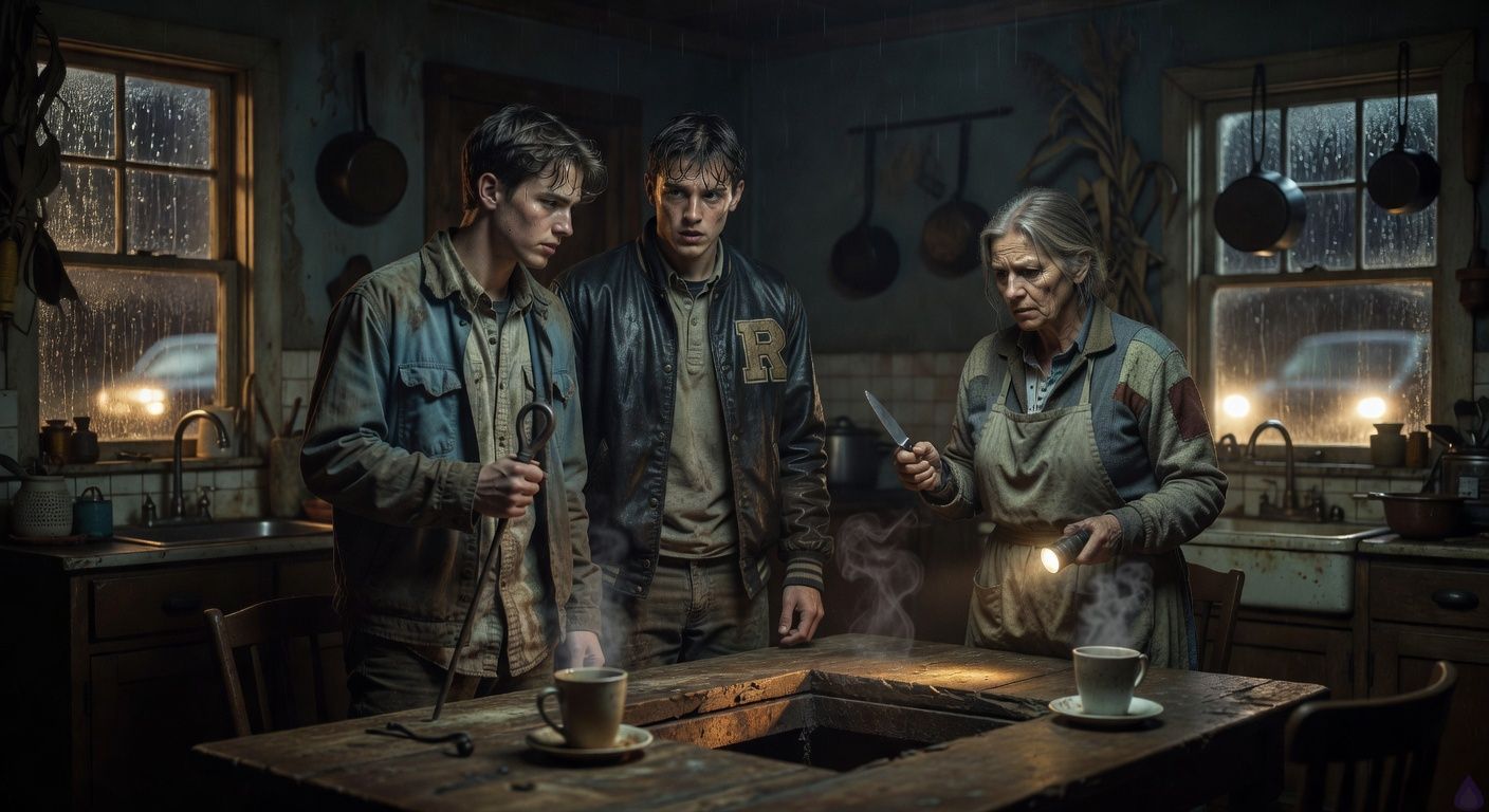 Cinematic PG-13 horror-thriller scene inside a dark rural farmhouse kitchen at night during rain. Three young adults and an older aunt stand tense around a heavy kitchen table shoved over a hidden cellar trapdoor. Drake, an eighteen-year-old with travel-worn clothes, grips an iron fireplace poker, pale but determined. Shane, a damp-haired high school athlete in a soaked letterman jacket, stands close beside him with a frightened but trusting expression, their shoulders nearly touching in an intimate, emotionally charged moment. Aunt Lila, work-worn and fierce, holds a kitchen knife and flashlight, protective and terrified. Harsh headlights sweep through rain-streaked windows, casting long shadows of hanging pots and corn stalks across the walls. Mood: suspenseful, intimate, atmospheric, rural gothic, blue-gray darkness with warm faint phone glow, cinematic composition, tasteful emotional tension, no gore.