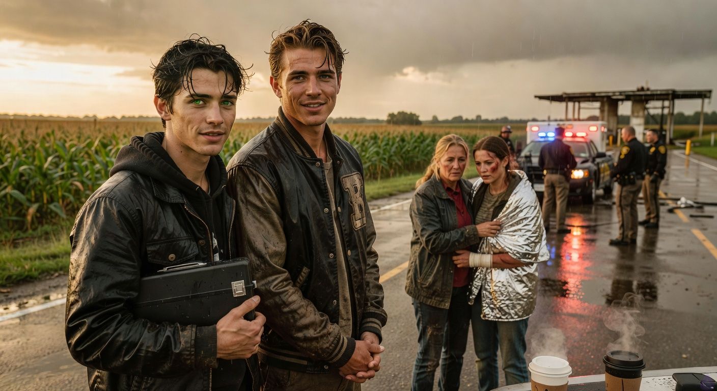Cinematic PG-13 thriller romance scene at dawn on a rain-soaked rural highway near cornfields and an abandoned weigh station. A muddy teenage boy, Drake Caine, stands exhausted but resolute, clutching a black evidence lockbox, while Shane Riley, soaked in a muddy letterman jacket, stands close beside him and holds his hand openly, their body language protective, intimate, and emotionally raw. Nearby, Aunt Lila comforts injured Kara Bell wrapped in an ambulance blanket, and Trooper Vance coordinates state police around a wrecked sheriff cruiser in flashing red and blue lights. The mood is tense but cathartic, gray dawn light breaking through storm clouds, wet asphalt reflecting emergency lights, cornfields in the background seeming ominous but subdued. Emphasis on survival, trust, justice, and tender connection after terror, with tasteful cinematic framing and no graphic violence.