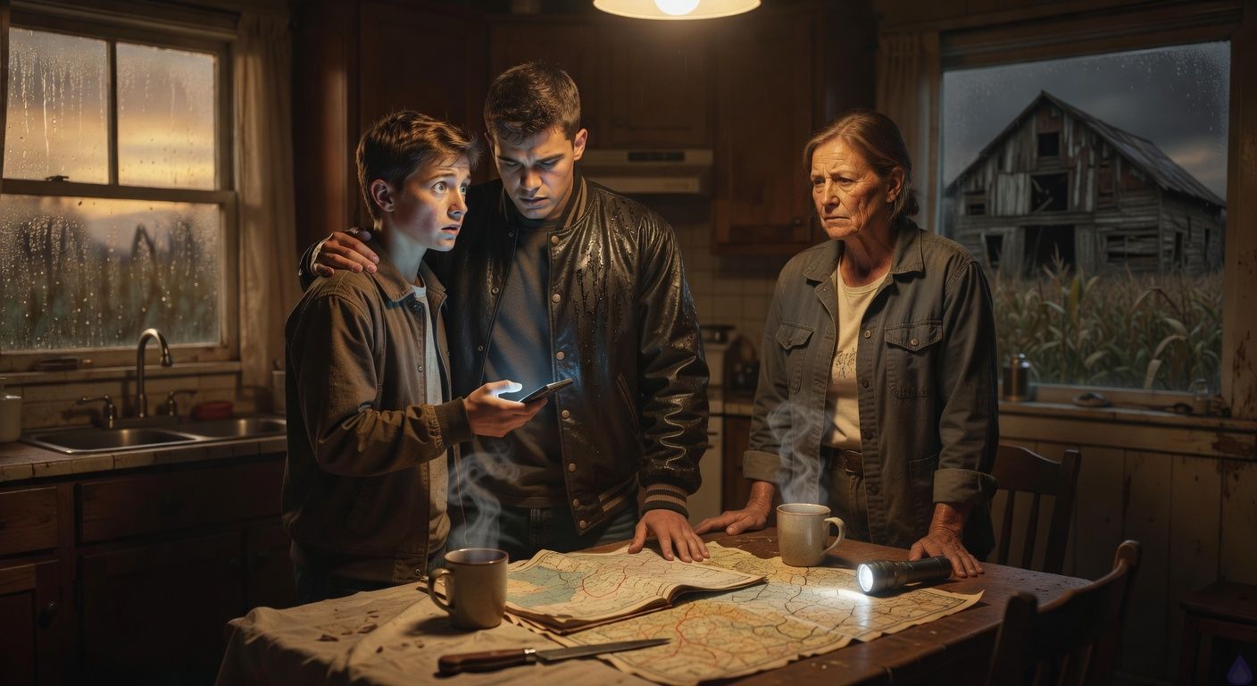 Cinematic PG-13 rural thriller scene inside an old farmhouse kitchen at night. A terrified eighteen-year-old boy, Drake, stands close to Shane, a rain-soaked high school athlete in a damp letterman jacket, gently resting a hand on his shoulder as Shane struggles with a painful memory. Aunt Lila, work-worn and tense, stands nearby beside a kitchen table with an open road atlas, a flashlight, and a kitchen knife. Warm yellow kitchen light contrasts with cold blue phone glow and darkness outside the rain-streaked windows. Through the window, an old barn and cornfield loom in shadow, eerie and watchful. Mood: intimate fear, fragile trust, suspense, emotional connection, cinematic framing, tasteful, no gore.