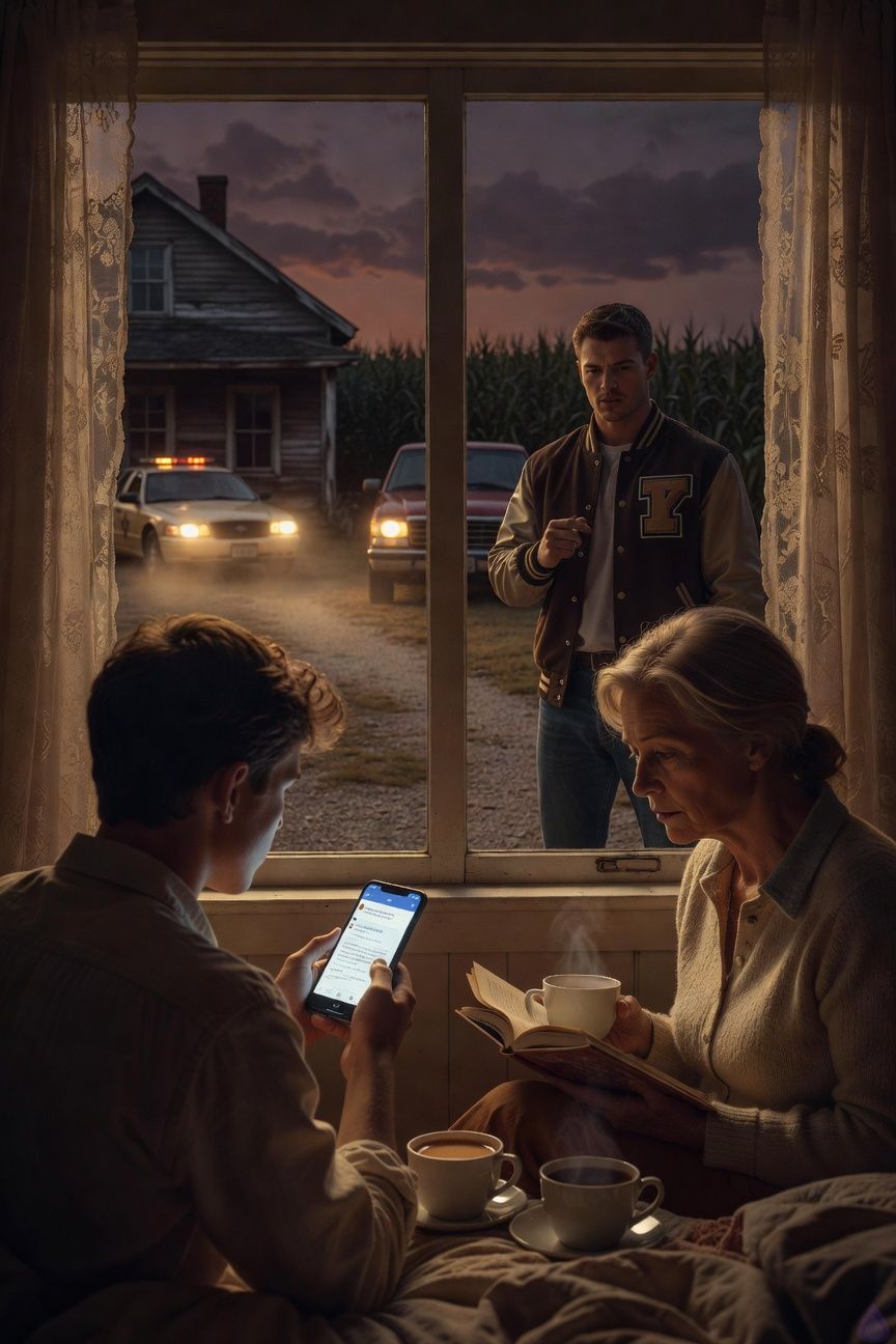 Cinematic rural thriller scene at night inside an old farmhouse bedroom, an eighteen-year-old boy holding out a glowing phone with a threatening text message while his worried aunt reads it, both tense and pale in the cool blue light. Through the window, a sheriff cruiser and a red pickup are visible in the gravel driveway, headlights cutting through dust and lace curtains. A handsome high school athlete in a letterman jacket stands half-shadowed near the pickup, giving a subtle warning gesture, his expression guarded and conflicted. Dark cornfields loom behind the farmhouse, still and ominous under a bruised violet sky. Moody lighting, suspenseful atmosphere, intimate emotional tension, realistic cinematic framing, PG-13.