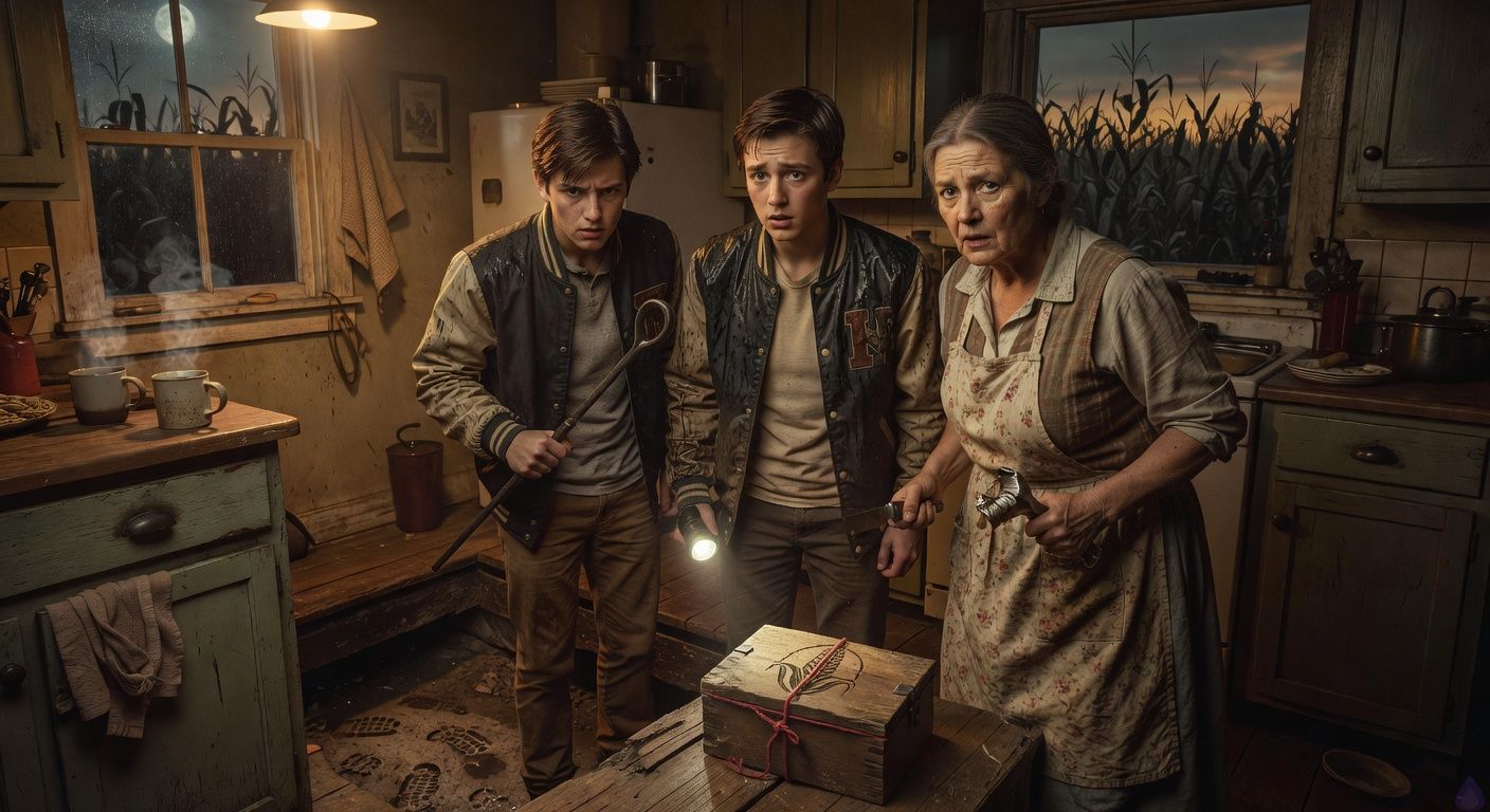 Cinematic PG-13 rural horror scene inside an old farmhouse kitchen at night. Three teenagers and an older aunt stand around an open trapdoor in the wooden floor, armed with improvised weapons: a fireplace poker, a kitchen knife, and a meat tenderizer. A flashlight beam cuts down into a damp cellar, revealing muddy boot prints and a small wooden box marked with an ominous harvest symbol and red twine. Drake looks tense and determined, Shane stands close beside him with a fearful, vulnerable expression and rain-damp letterman jacket, Aunt Lila is protective and fierce. Warm yellow kitchen light contrasts with cold blue moonlight from the window, where dark cornfields loom outside. Mood is suspenseful, intimate, atmospheric, high tension, cinematic framing.