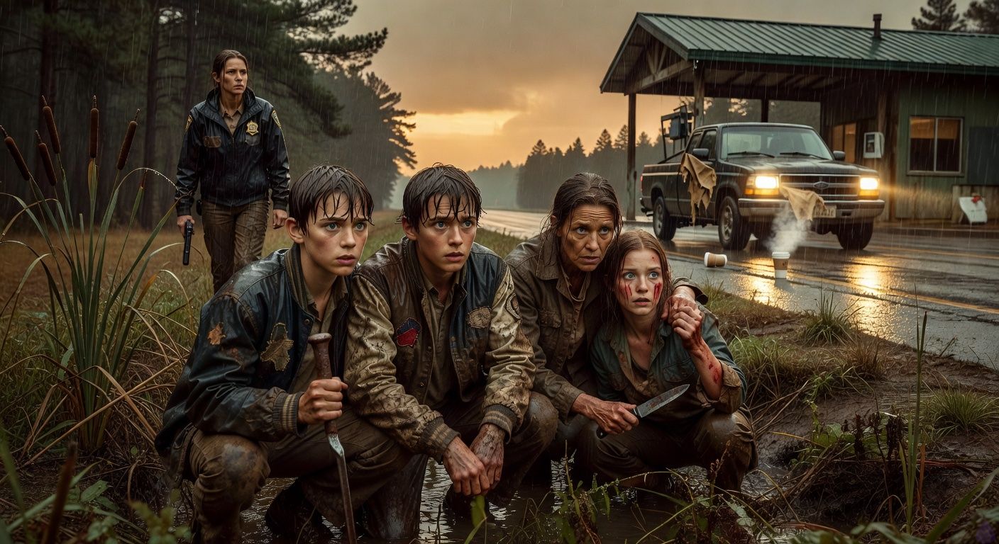 Cinematic thriller scene in heavy predawn rain beside an abandoned rural weigh station with a green metal roof. Four muddy, terrified survivors crouch together in a drainage ditch among cattails and wet weeds: Drake, an eighteen-year-old boy gripping an iron poker with panic and resolve; Shane, soaked in a muddy letterman jacket, protectively pressed close to Drake with an intense, fearful gaze; Aunt Lila, work-worn and fierce, holding a kitchen knife low while shielding injured Kara Bell; Kara pale and bloodied but alert. Across the highway, Trooper Vance emerges from dark pine trees in a state police jacket, pistol lowered, rain streaming down her face. A dark pickup truck near the weigh station suddenly blasts on its headlights, a burlap hood swinging from the mirror. High tension, harsh white headlights, yellow road reflections, wet asphalt, dramatic body language, intimate protective closeness, PG-13 suspense, cinematic realism.