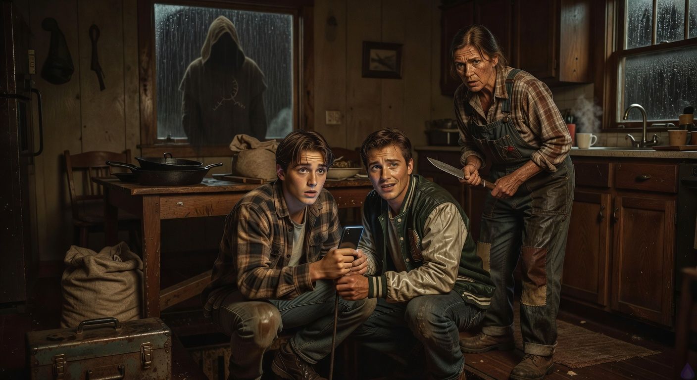Cinematic PG-13 horror-thriller scene inside a dark rural farmhouse kitchen at night during rain. Three frightened teenagers/adults huddle around a barricaded cellar trapdoor covered by a wooden table, cast iron pans, flour sack, and toolbox. Drake, an eighteen-year-old boy in travel-worn clothes, crouches with an iron fireplace poker, tense and determined. Shane Riley, handsome popular jock in a damp letterman jacket, crouches close beside him, gripping his wrist for support, vulnerable and scared but brave. Aunt Lila stands nearby with a kitchen knife held defensively, work-worn rural clothes, protective and fierce. Blue-white phone glow lights their faces from below, while rain streaks the windows. Outside the back window, a tall shadowy figure in a burlap hood with a sickle symbol is barely visible, blurred by rain and darkness. Mood is intimate, suspenseful, protective, emotionally charged, with chiaroscuro lighting, wet textures, trembling body language, and cinematic framing.