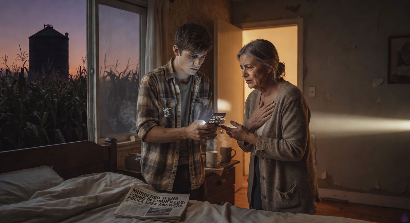 Cinematic PG-13 rural thriller scene inside a small farmhouse bedroom at dusk. An eighteen-year-old young man stands tense beside a bed with a folded newspaper headline about murdered teens, holding a glowing phone with a threatening message. His work-worn aunt stands near him, frightened but protective, one hand hovering as if about to take the phone. Through the window behind them, dark cornfields press close to the house and a black grain silo rises against a violet evening sky. Pale headlights have just swept across the wall, leaving the room in anxious blue-gray shadow. Mood: intimate family tension, grief, danger, secrets. Lighting: low dusk, phone glow on faces, warm hallway light behind aunt. Body language: guarded, emotionally raw, protective, suspenseful.