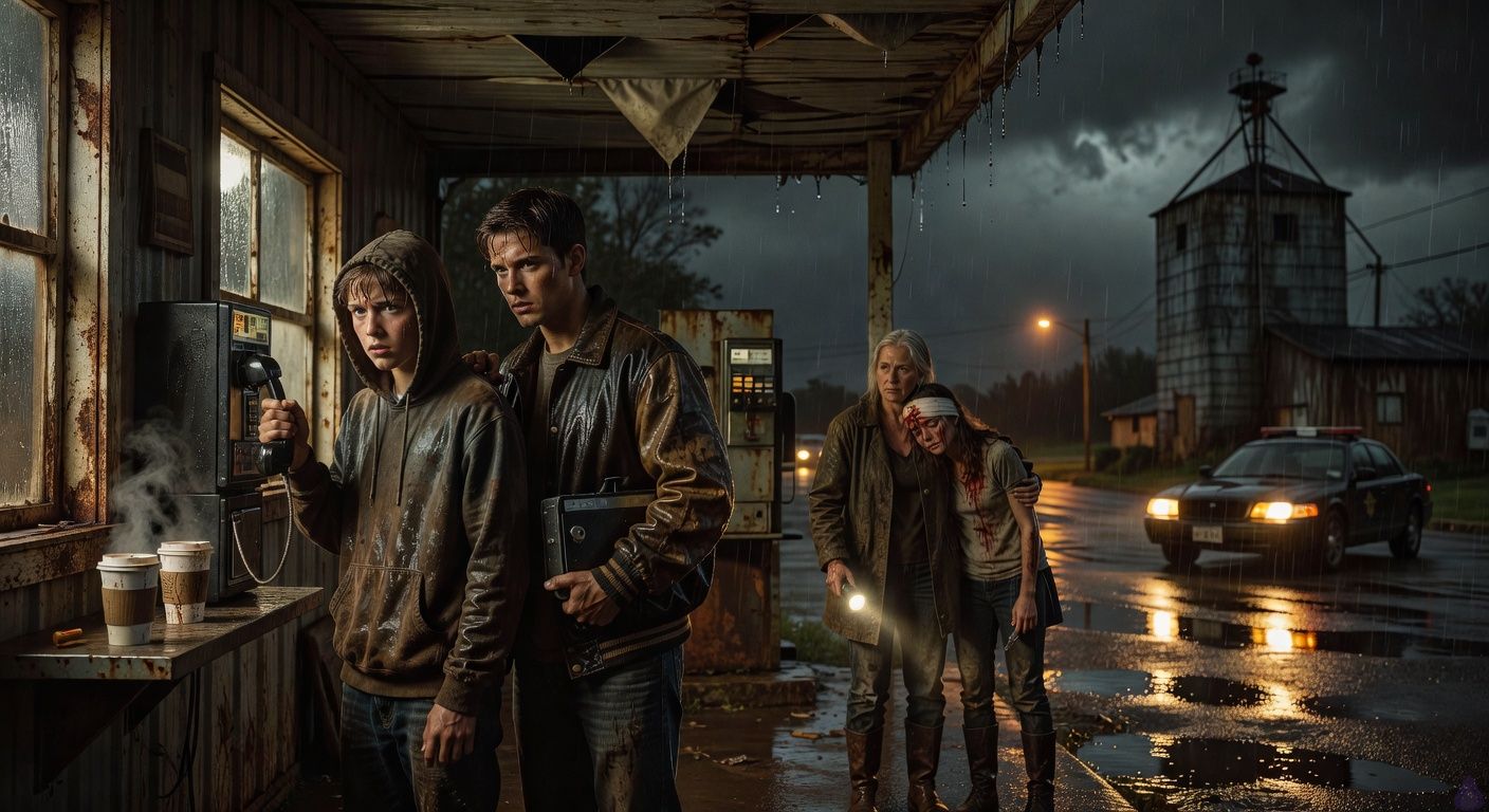 Cinematic rainy night scene at an abandoned rural gas station on Route 9. A tense eighteen-year-old boy stands under a dented metal payphone awning, gripping an old receiver, soaked and muddy, fear and determination on his face. Beside him, a popular jock in a soaked letterman jacket stands close protectively, holding a small black lockbox under his jacket, their shoulders nearly touching with intimate trust. In the shadows behind an ice machine, a muddy middle-aged aunt holds a flashlight and knife while supporting an injured teenage girl with a bandaged forehead. Across the wet asphalt, a dark sheriff’s cruiser with headlights dimmed waits near a grain elevator, rain streaking through sodium-orange light. Mood: suspenseful, intimate, stormy, rural thriller, PG-13, cinematic framing, high contrast, emotional tension.