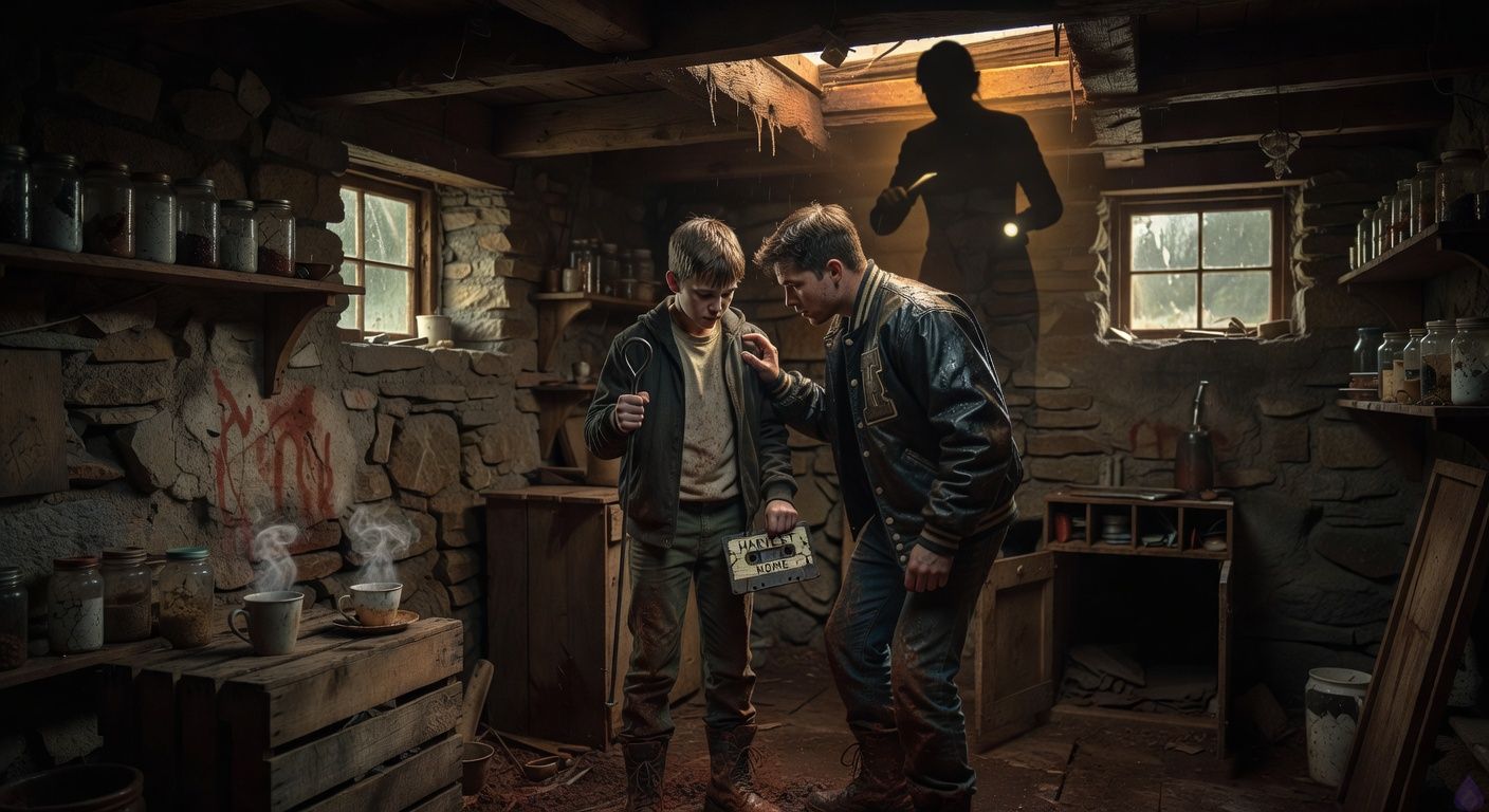 Cinematic PG-13 horror-thriller scene inside a cramped old farmhouse cellar at night. A grieving eighteen-year-old boy, Drake, stands in muddy boots holding an iron fireplace poker and a cracked cassette tape labeled HARVEST HOME, his face pale with fear and determination. Beside him, Shane, a rain-soaked high school athlete in a damp letterman jacket, leans close with a protective, vulnerable posture, his hand just brushing Drake’s in a tense intimate moment. Above them, warm kitchen light spills through an open trapdoor where Aunt Lila’s silhouette stands with a flashlight and kitchen knife, facing an unseen intruder. The cellar is filled with dusty jars, sagging wooden beams, stone foundation walls, red clay marks, and a hidden crawlspace behind a swung-open shelf. Mood: suspenseful, emotional, rain-soaked rural gothic, dramatic chiaroscuro lighting, cinematic composition, no gore.